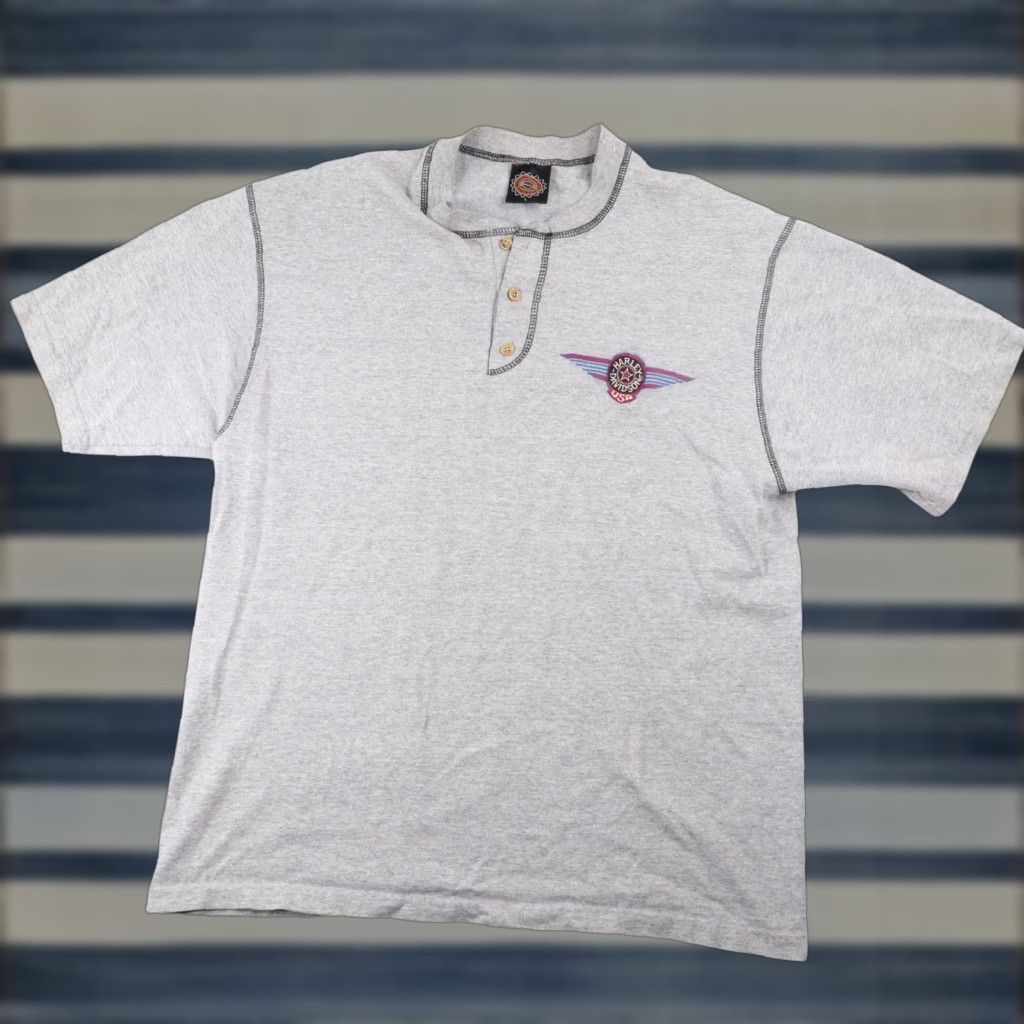 Harley Davidson VINTAGE Harley Davidson Mens Shirt USA Henley T Shirt Gray L Regular Large Mens Size US L / EU 52-54 / 3 - 1 Thumbnail