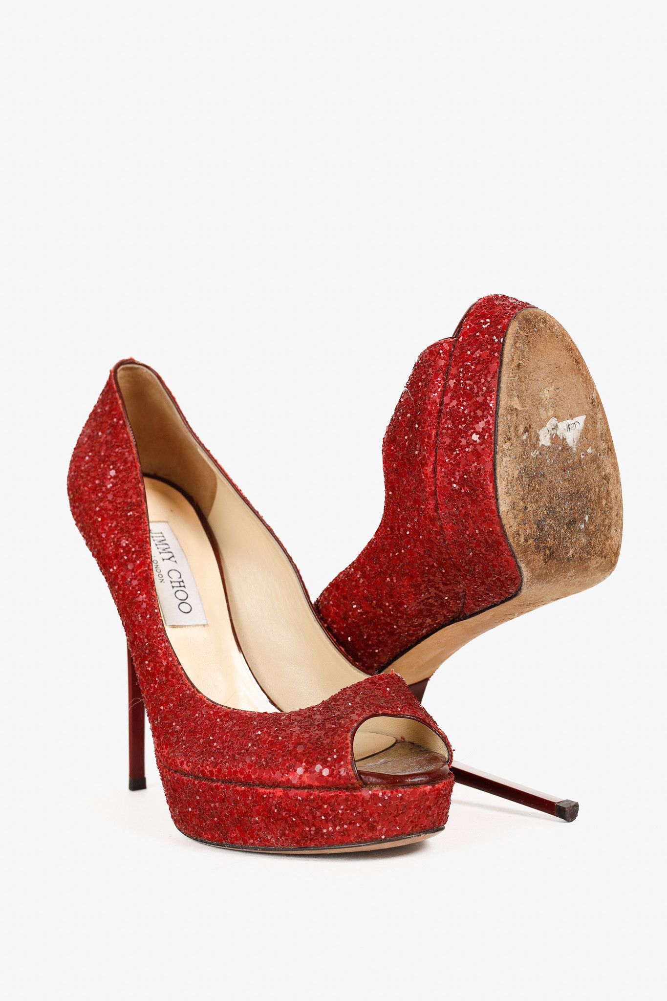 Jimmy Choo Jimmy Choo Crown Red Coarse Glitter Platform Pumps Size US 7 / IT 37 - 4 Thumbnail