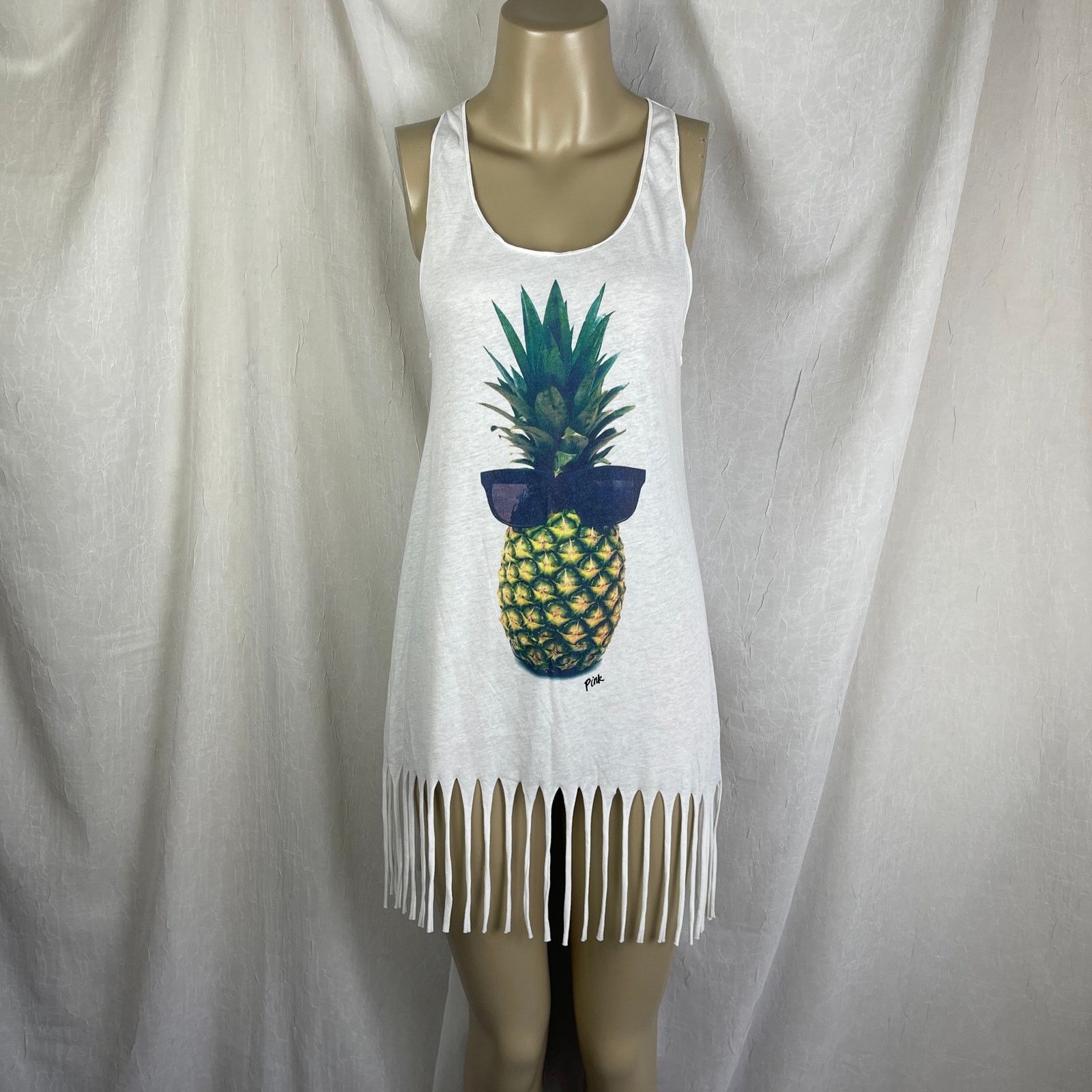 Pink Victoria’s Secret PINK White Fringe Tank Dress Pineapple NWT Size XS / US 0-2 / IT 36-38 - 5 Thumbnail