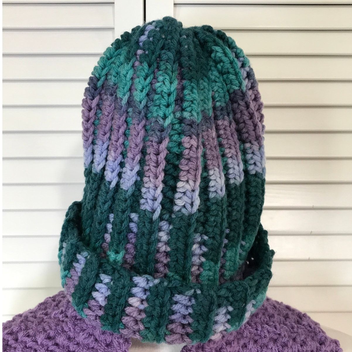 Handmade NWT Handmade Crocheted Purple Green Adult Beanie Scarf 76” Size ONE SIZE - 3 Thumbnail