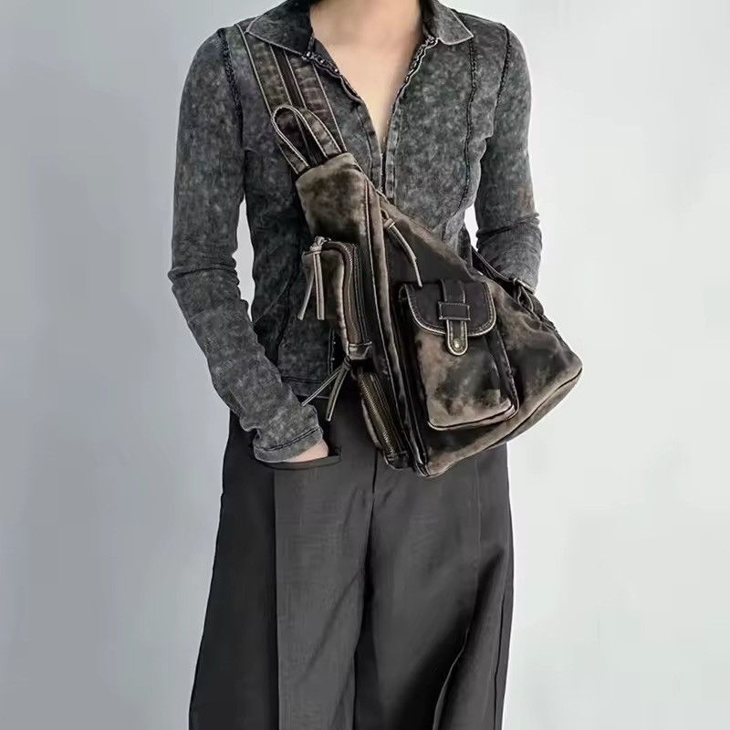 Japanese Brand Soft Washed Leather Multi-pocket Bagpack Slingbag Size ONE SIZE - 2 Thumbnail