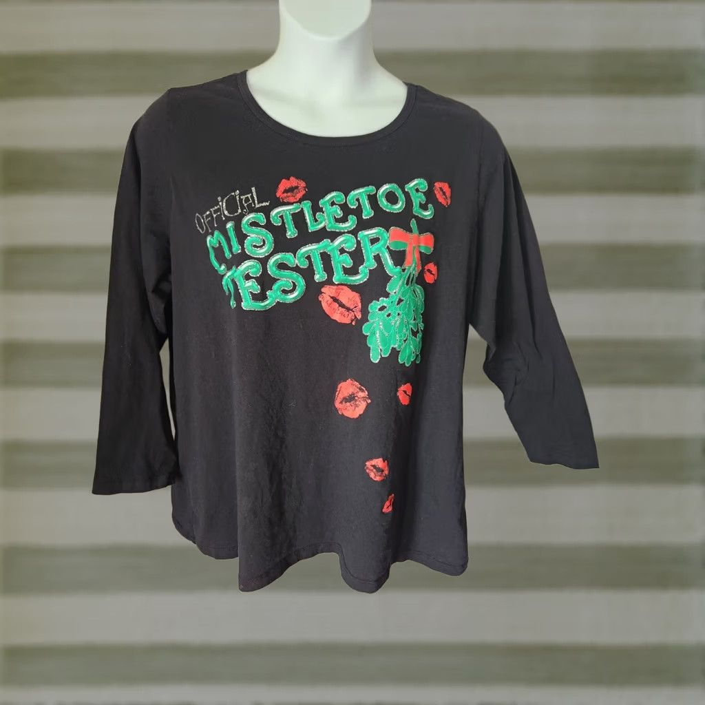 Vintage Fashion Bug Long Sleeve Sparkle Christmas Black Top Shirt Casual 2X Size XXL / US 16-18 / IT 52-54 - 1 Thumbnail