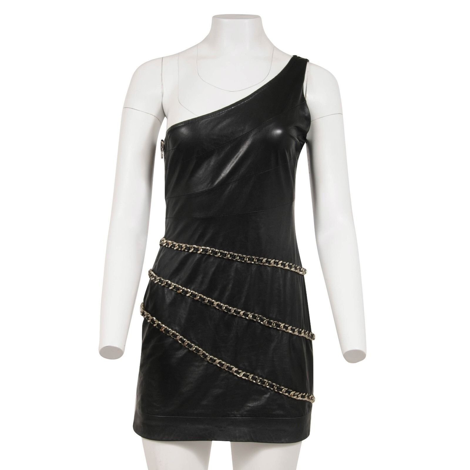 Balmain Mini Dress Black Lamb Leather One Shoulder Size M / US 6-8 / IT 42-44 - 1 Thumbnail