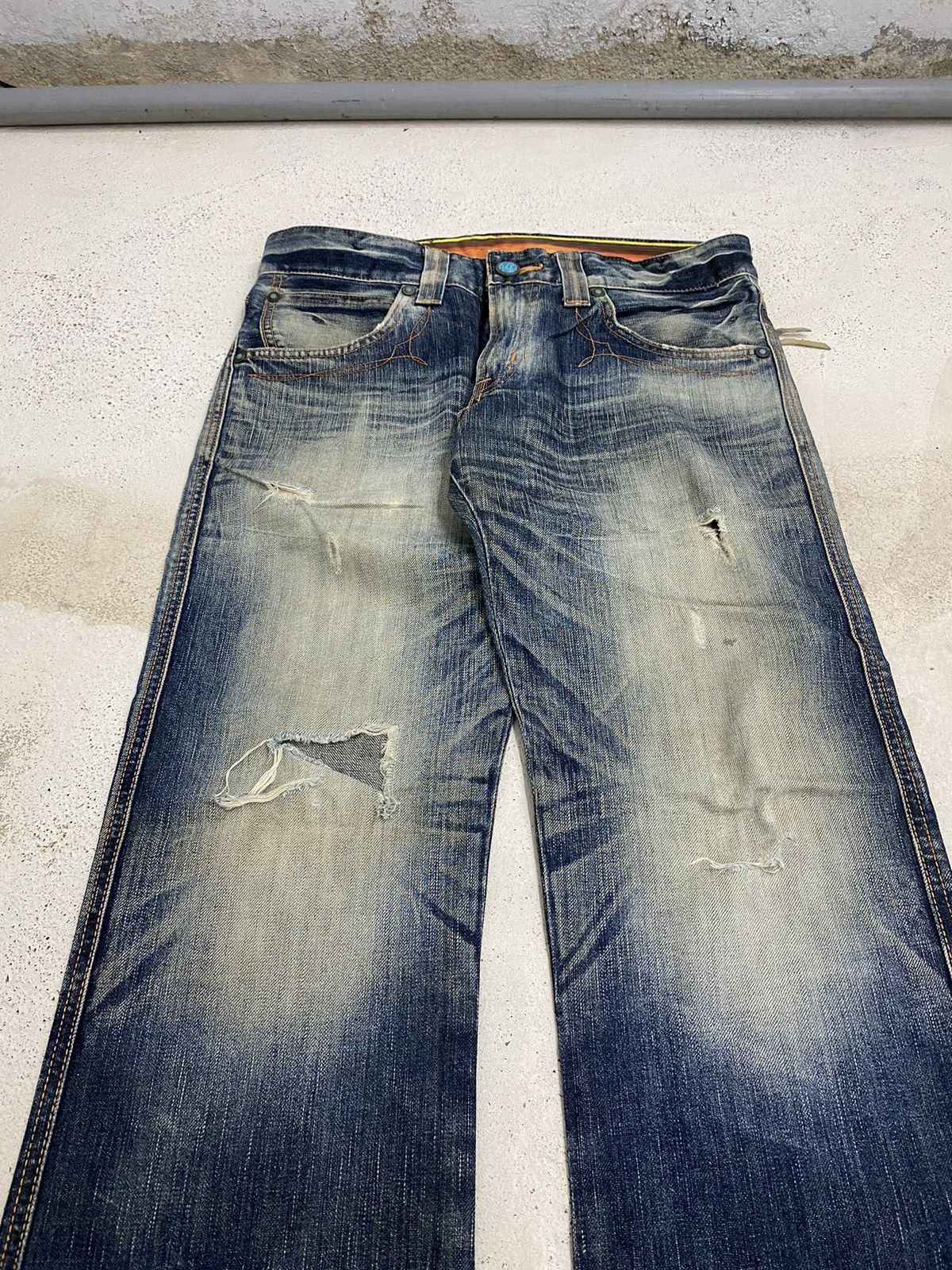 Edwin × Japanese Brand Edwin Blue Trip Mud Washed Whisker Distress Zipper Pocket Size US 31 - 4 Thumbnail