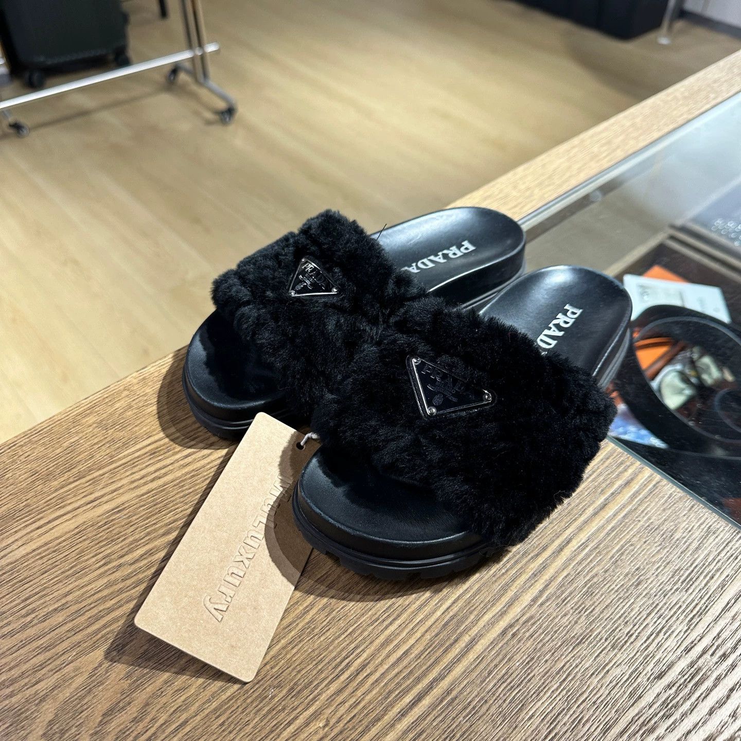 Prada Triangle Logo Teddy Fur Slipper EUR 35