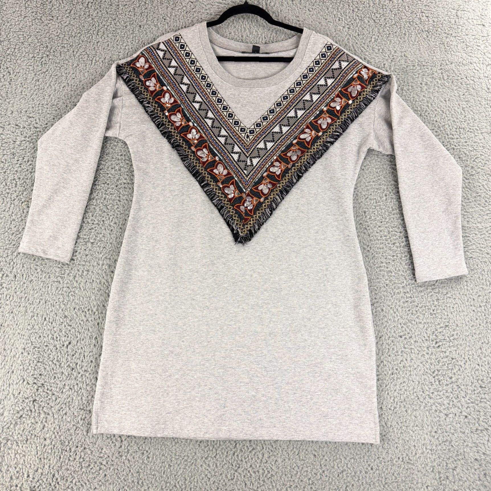 Boston Proper Boston Proper Mini Dress Womens M Gray Beaded Embroidered Long Sleeve Boho Dress Size M / US 6-8 / IT 42-44 - 2 Thumbnail