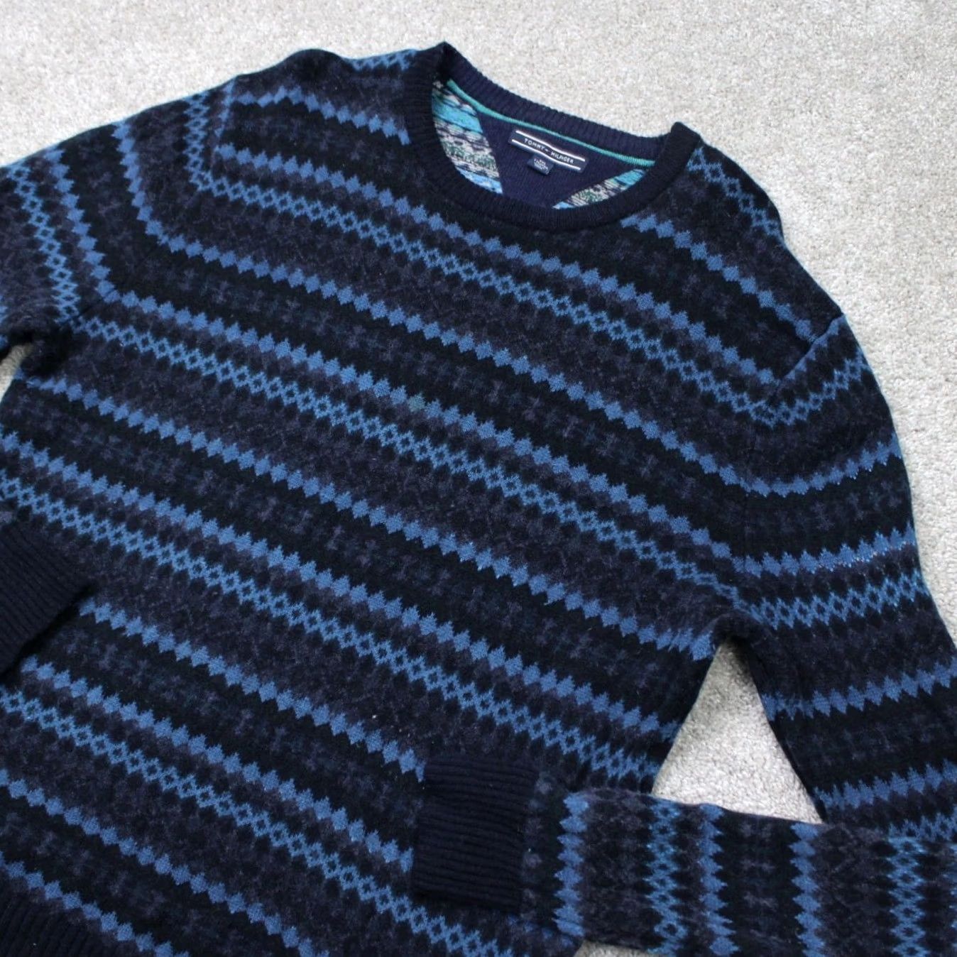 Tommy Hilfiger Tommy Hilfiger Sweater Mens 2XL Striped Blue Lambswool/Cotton/Cashmere L/S Crew Neck Pullover Size US XXL / EU 58 / 5 - 2 Thumbnail