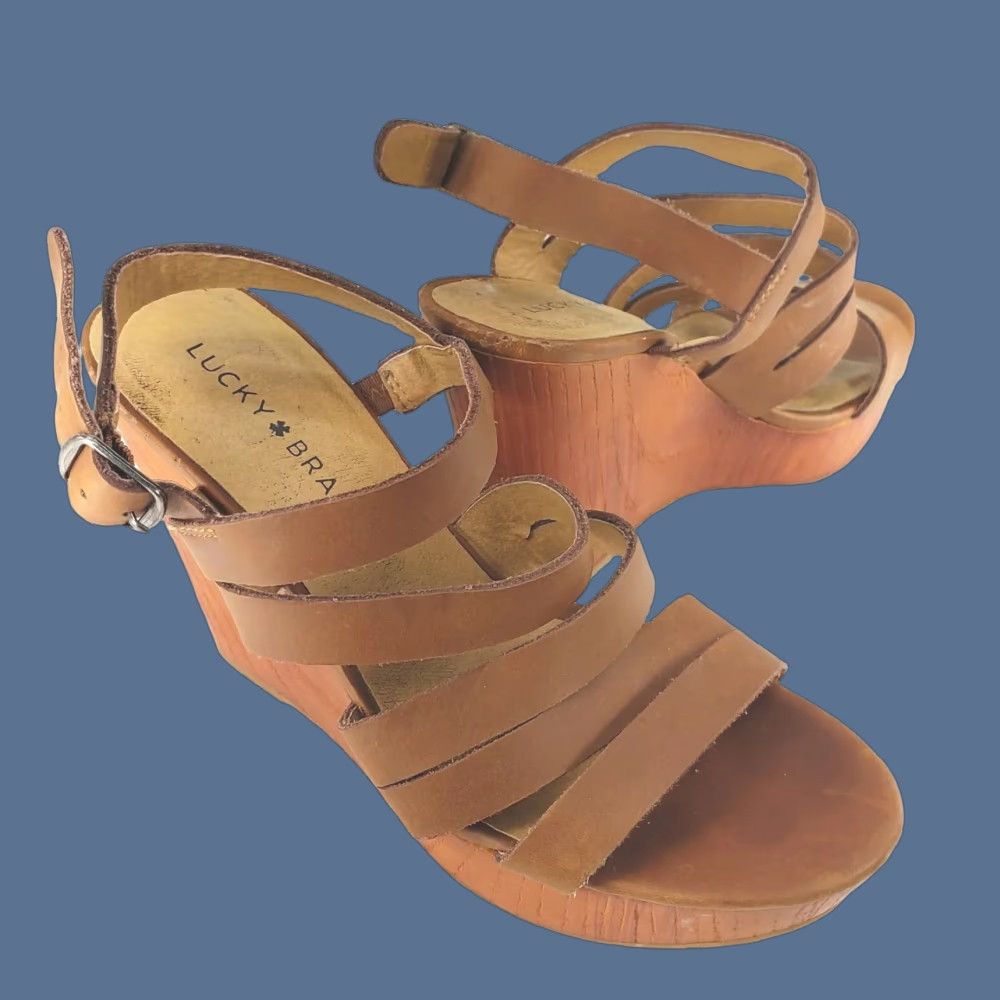 Lucky Brand Lucky Brand Larinaa Platform Wedge Sandals Heels Leather Brown 6.5M/36.5 Womens Open Toe Buckle Platform & Wedges Casual Party Workwear Size US 7 / IT 37 - 1 Thumbnail