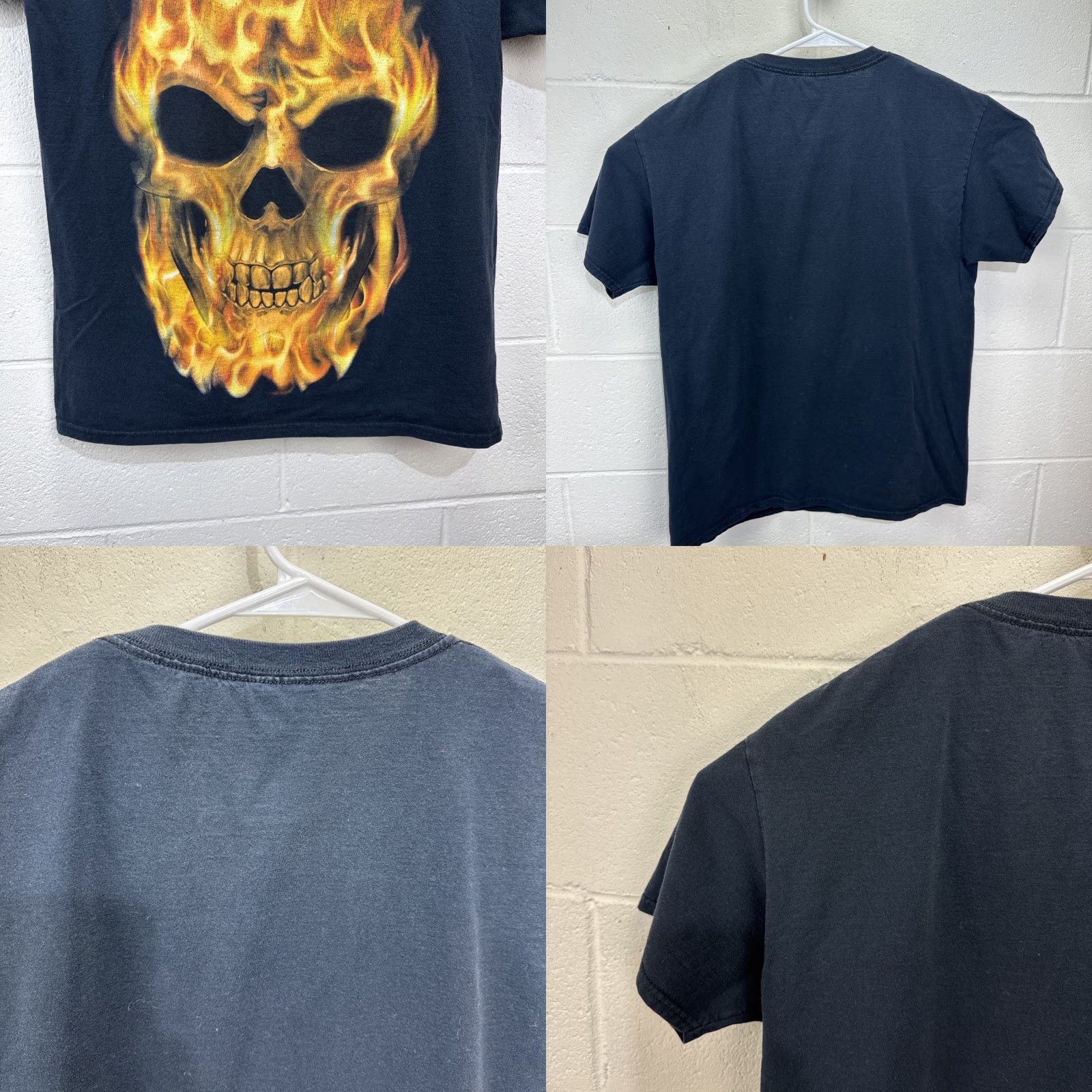 Vintage VINTAGE American Vintage Flaming Skeleton Skull T-Shirt Large Black Graphic Tee 90s Retro Mens Size US L / EU 52-54 / 3 - 8 Thumbnail