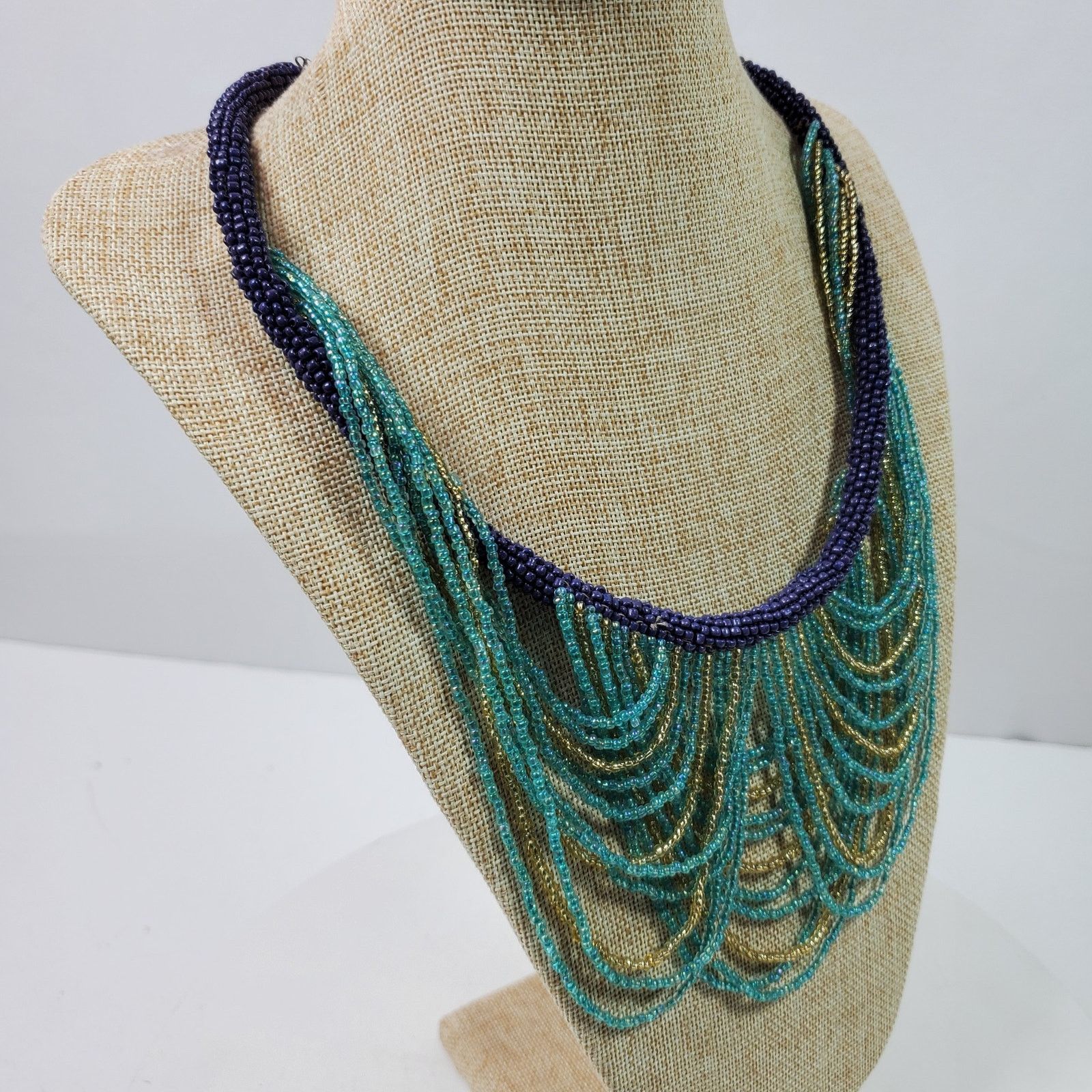 Handmade Hippie Gypsy Seed Bead Necklace 22 Inch Long Blue Gold Size ONE SIZE - 2 Thumbnail