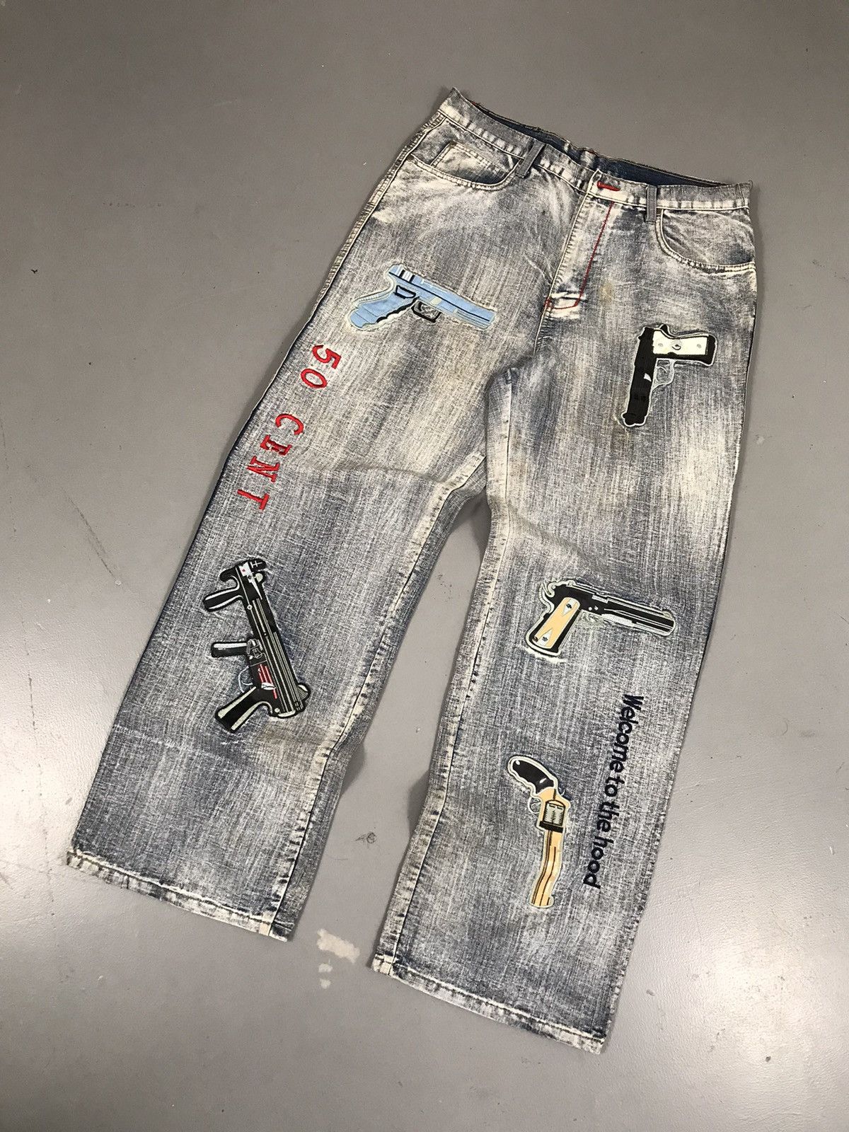 Vintage Vintage Y2K 50 cent Guns crazy embroidered baggy fit denim Size US 35 - 2 Thumbnail