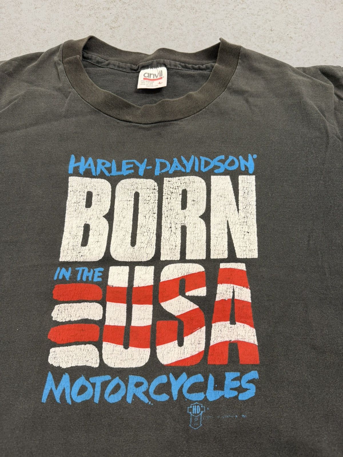 Harley Davidson Vintage 1987 Anvil Harley-Davidson Born In The USA T-Shirt Size US L / EU 52-54 / 3 - 4 Thumbnail