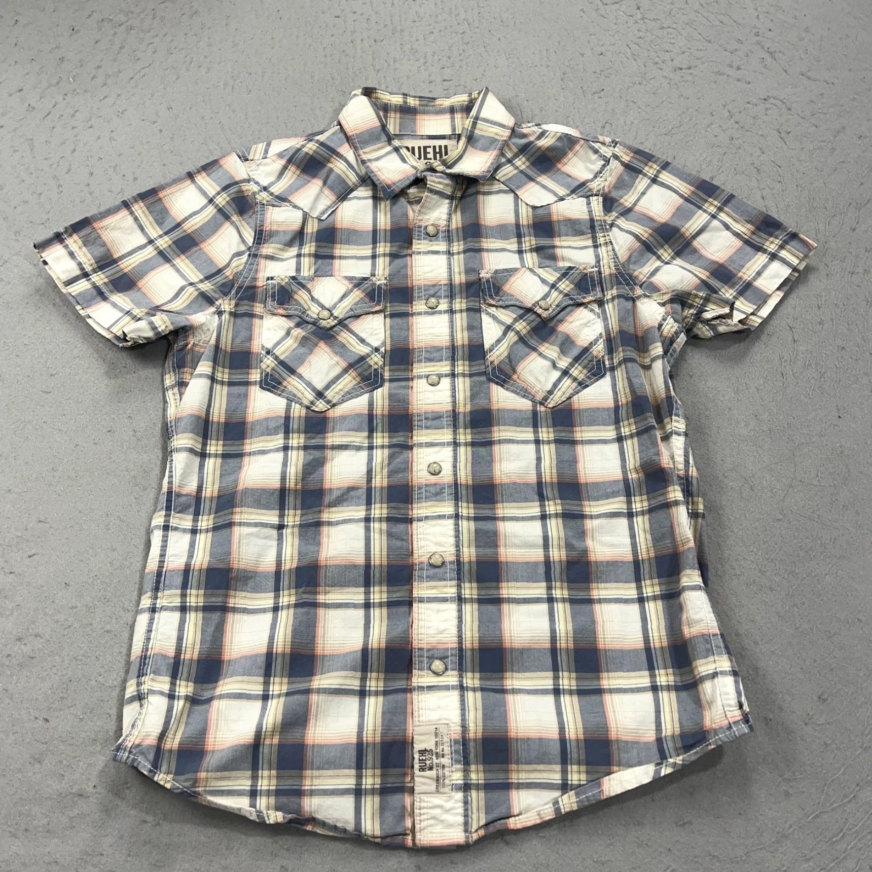Vintage Ruehl No.925 Shirt Mens Small Blue Plaid Western Pearl Snap Short Sleeve Cotton Size US S / EU 44-46 / 1 - 2 Thumbnail