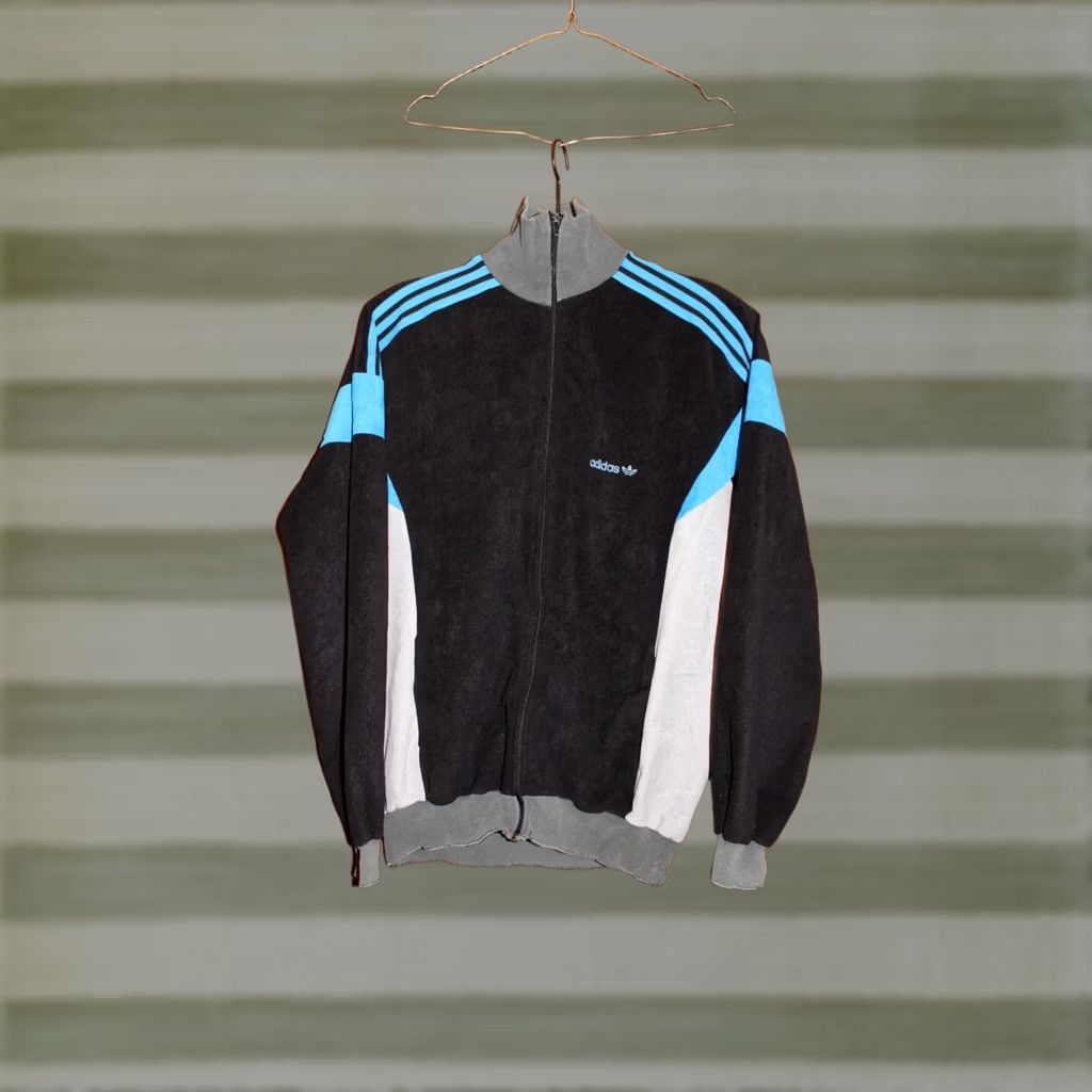 Adidas VINTAGE Adidas Track Jacket Unisex Adults L Black with blue stripes 1980s Ventex France Jeans? Size US L / EU 52-54 / 3 - 1 Thumbnail