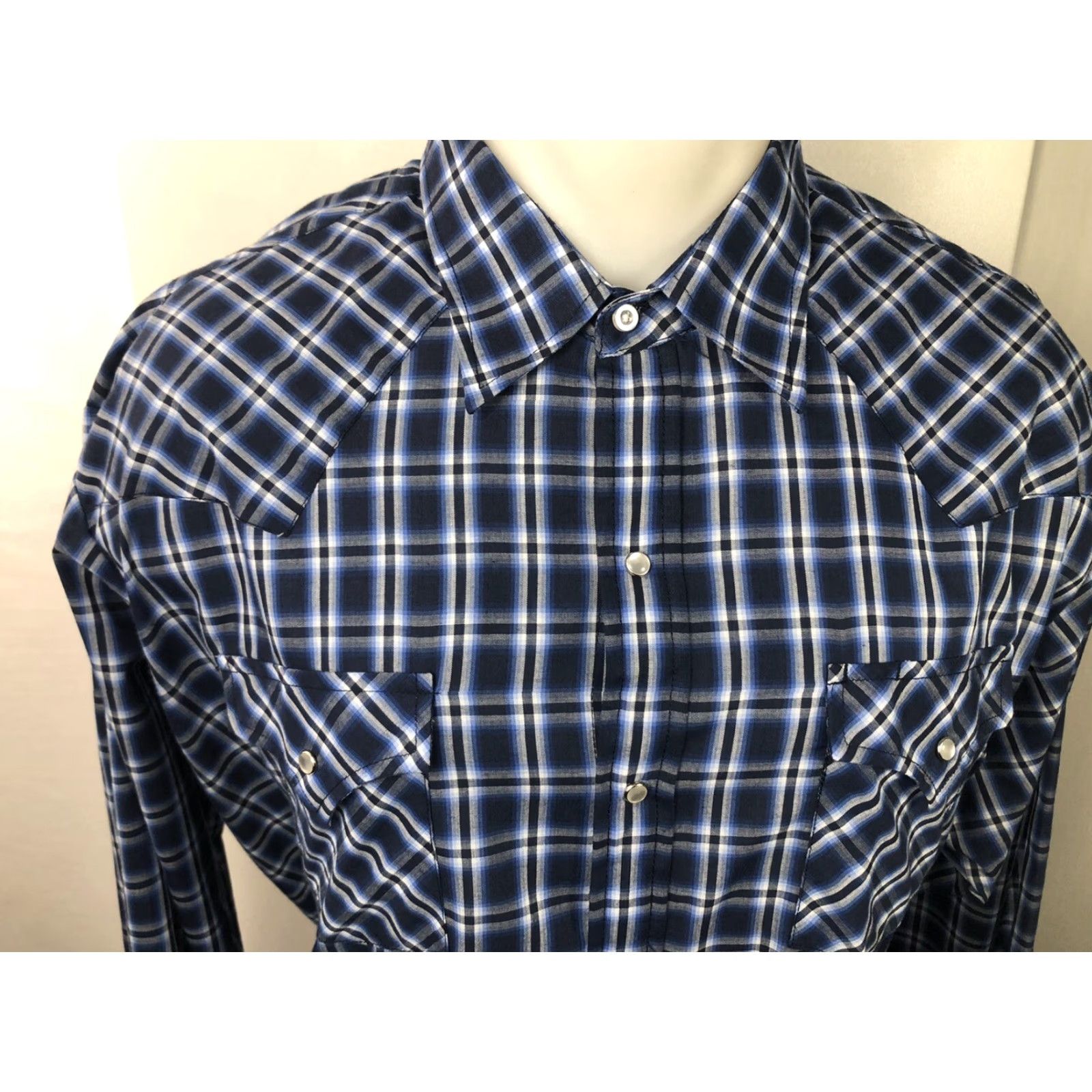 Vintage ELY Cattleman - Pearl Snap Western Rockabilly Cowboy Shirt - Blue/White Plaid - 2XL - Cotton - Button-Up - Men Adult Size US XXL / EU 58 / 5 - 2 Thumbnail