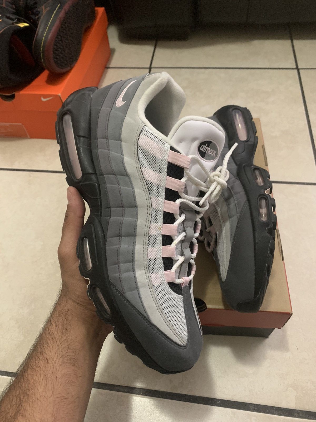 image of Nike Airmax 95 Gunsmoke Pink Foam Shoes in Grey, Men's (Size 13)