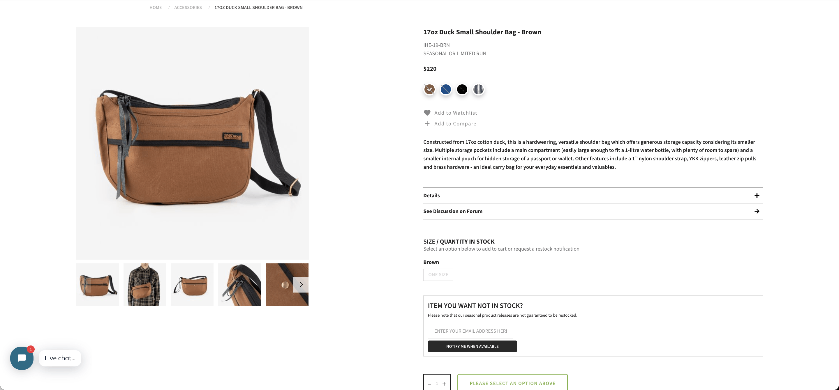 image of Iron Heart 17Oz Duck Small Shoulder Bag - Brown Ihe-19-Brn, Men's