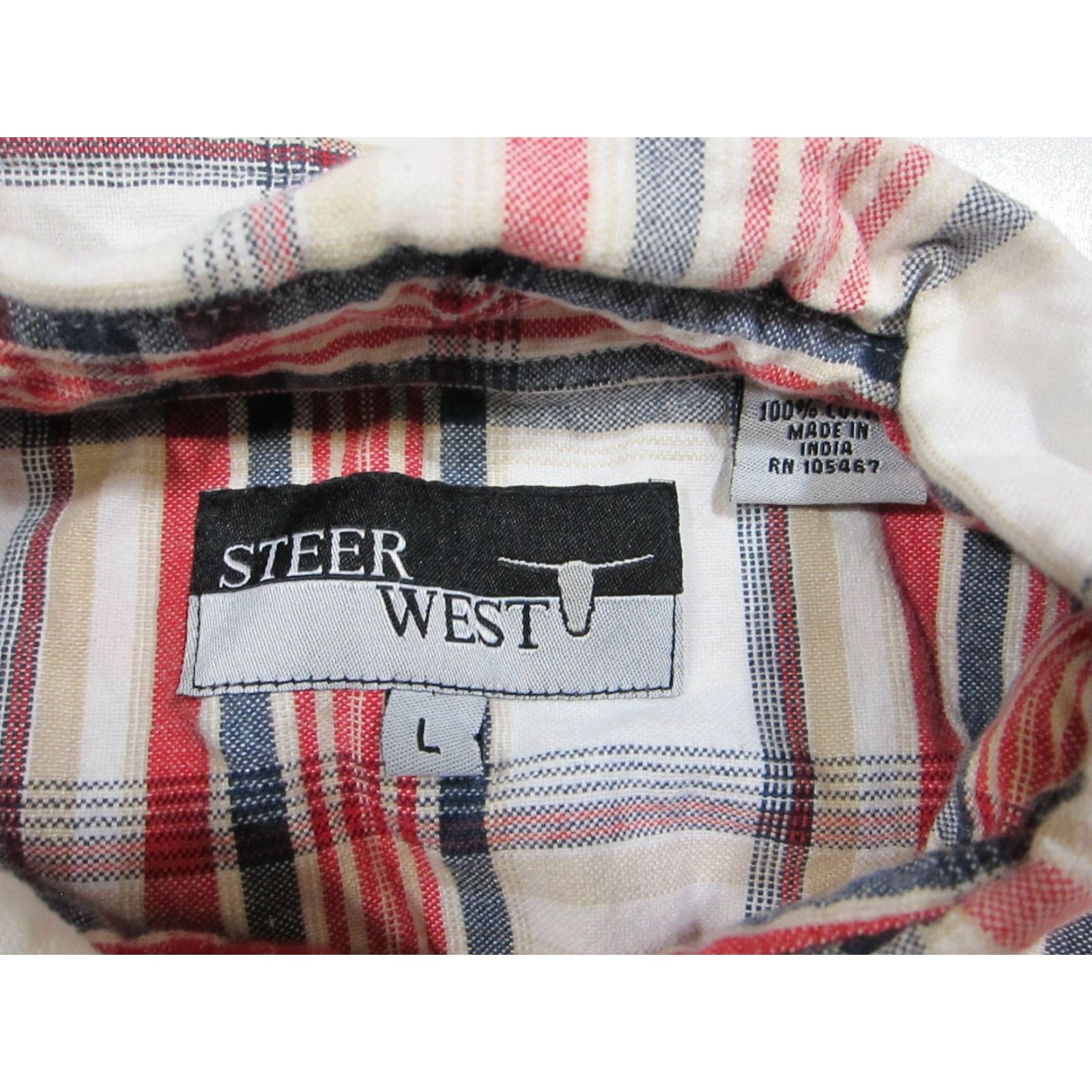 Vintage Steer West Shirt Plaid Short Sleeve Button Up 100% Cotton Red White Blue Large Mens Size US L / EU 52-54 / 3 - 4 Thumbnail