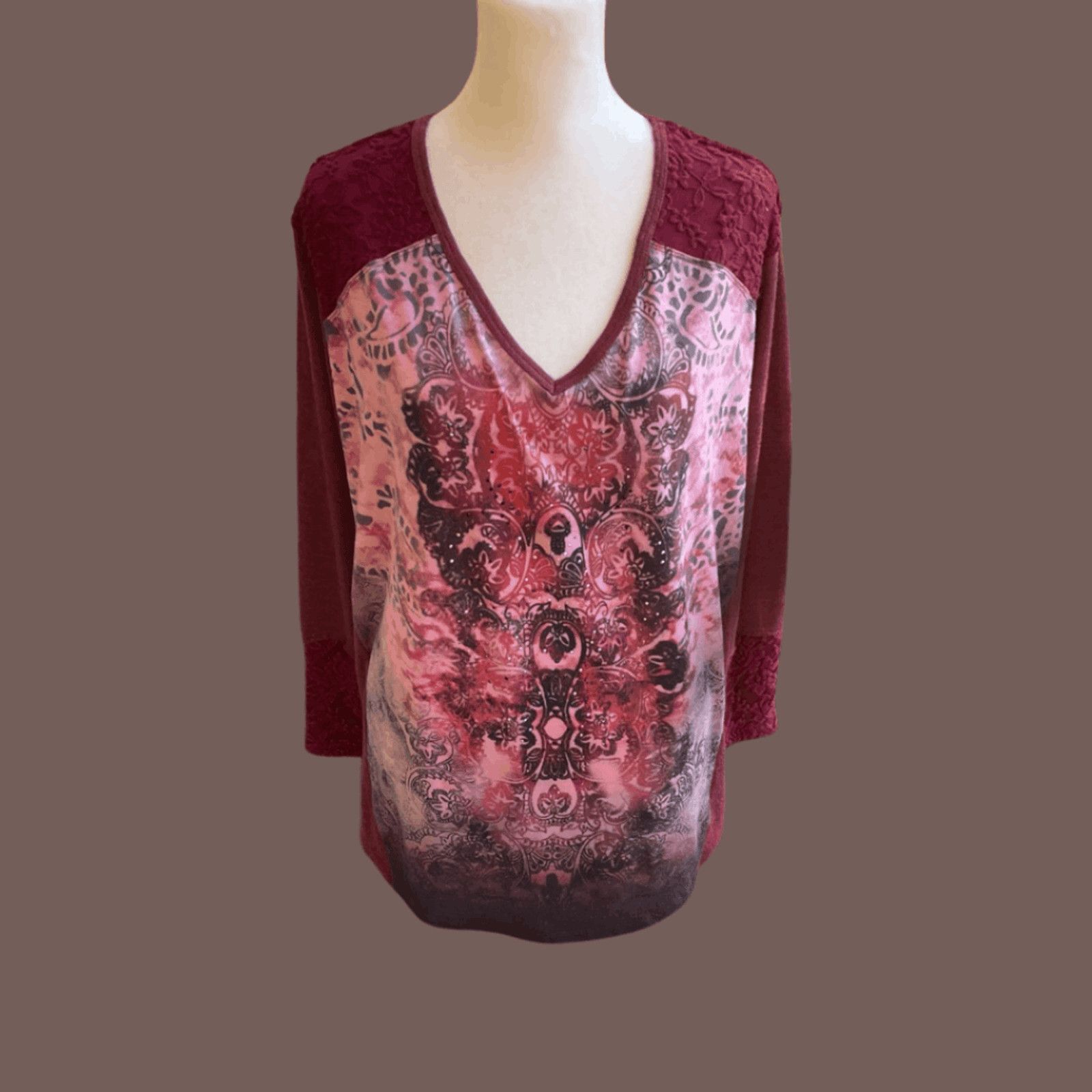 Vintage VTG Floral Top | Oneworld Red Pullover | Boho Y2K Layer Size M / US 6-8 / IT 42-44 - 1 Thumbnail