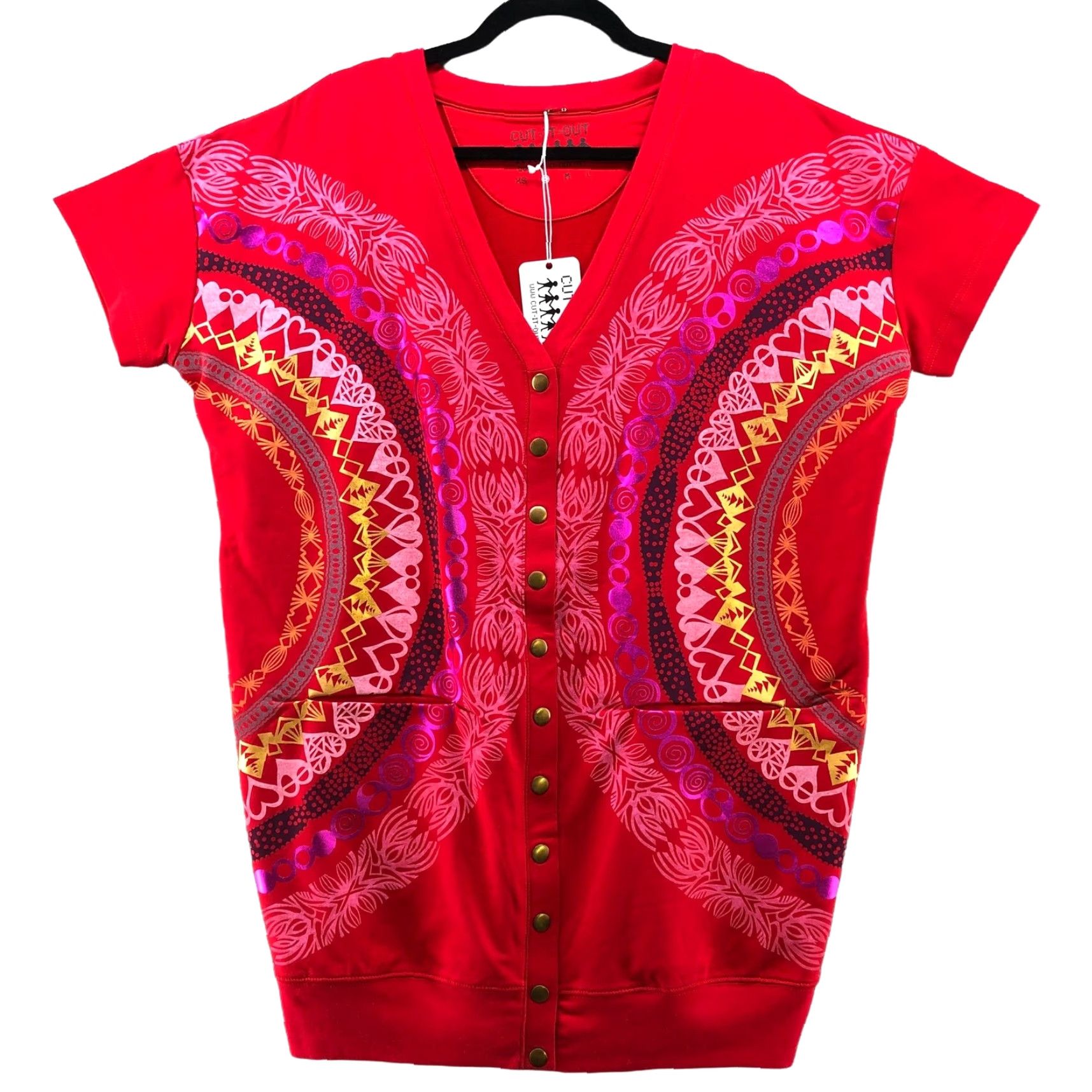 Vintage VINTAGE Cut It Out Cardigan Womens S Heart Print Boho Cotton Stretch Short Sleeve V-Neck Red Size S / US 4 / IT 40 - 2 Thumbnail