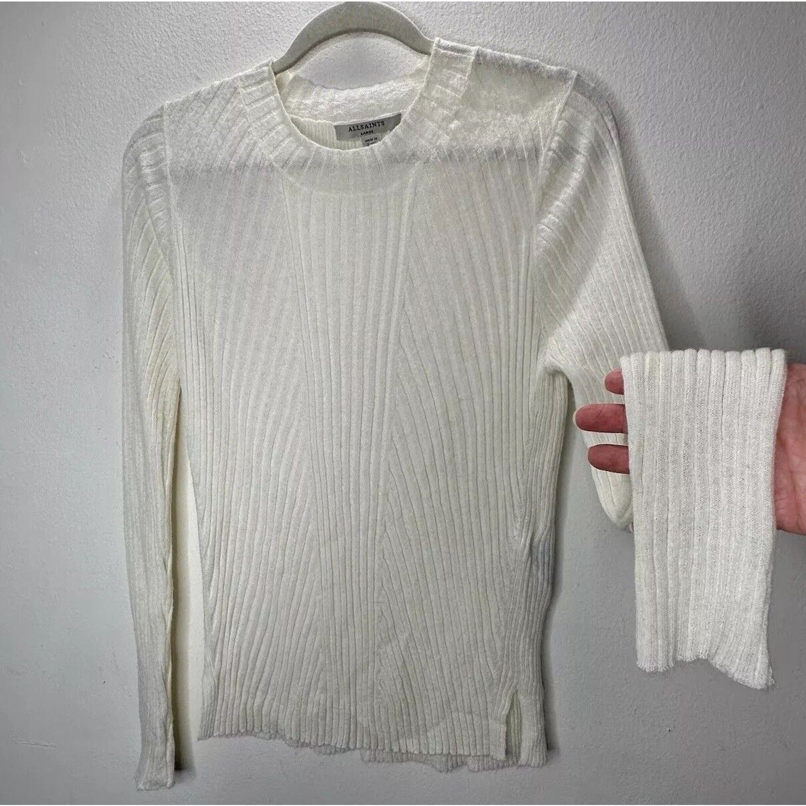 Allsaints Cream Ribbed Long Sleeve Round Neck Thin Sweater L