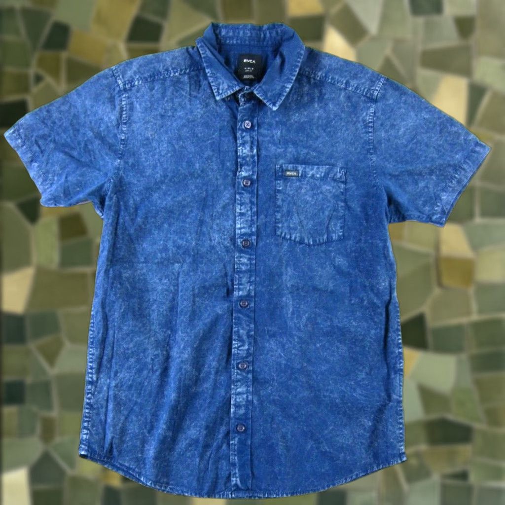 RVCA RVCA Men Button-Down Shirt 100% Cotton Blue Acid Wash Short Sleeve Medium Size US M / EU 48-50 / 2 - 1 Thumbnail