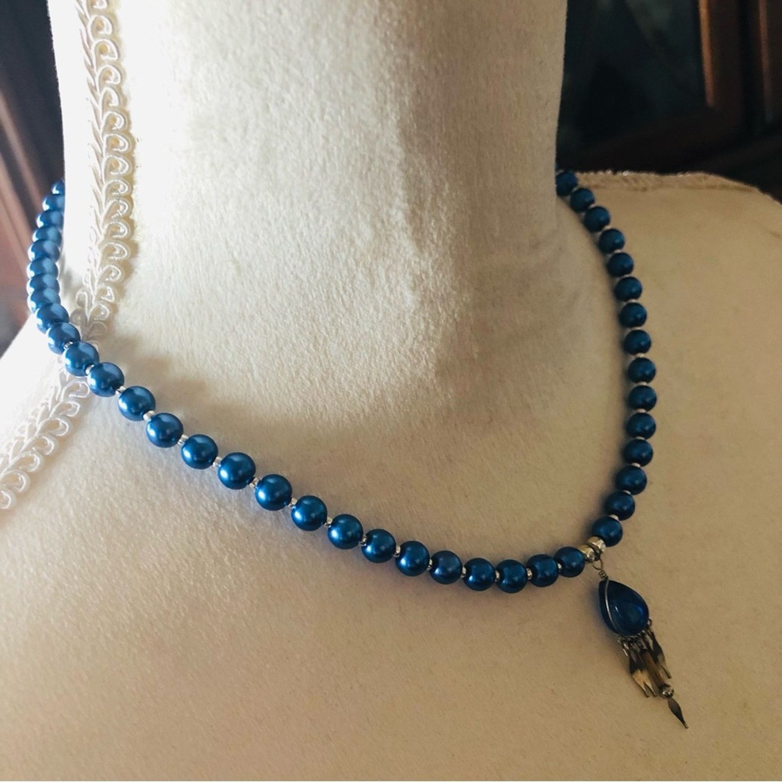 Handmade Handcrafted repurpose teardrop glass fringe Pearl necklace Size ONE SIZE - 3 Thumbnail