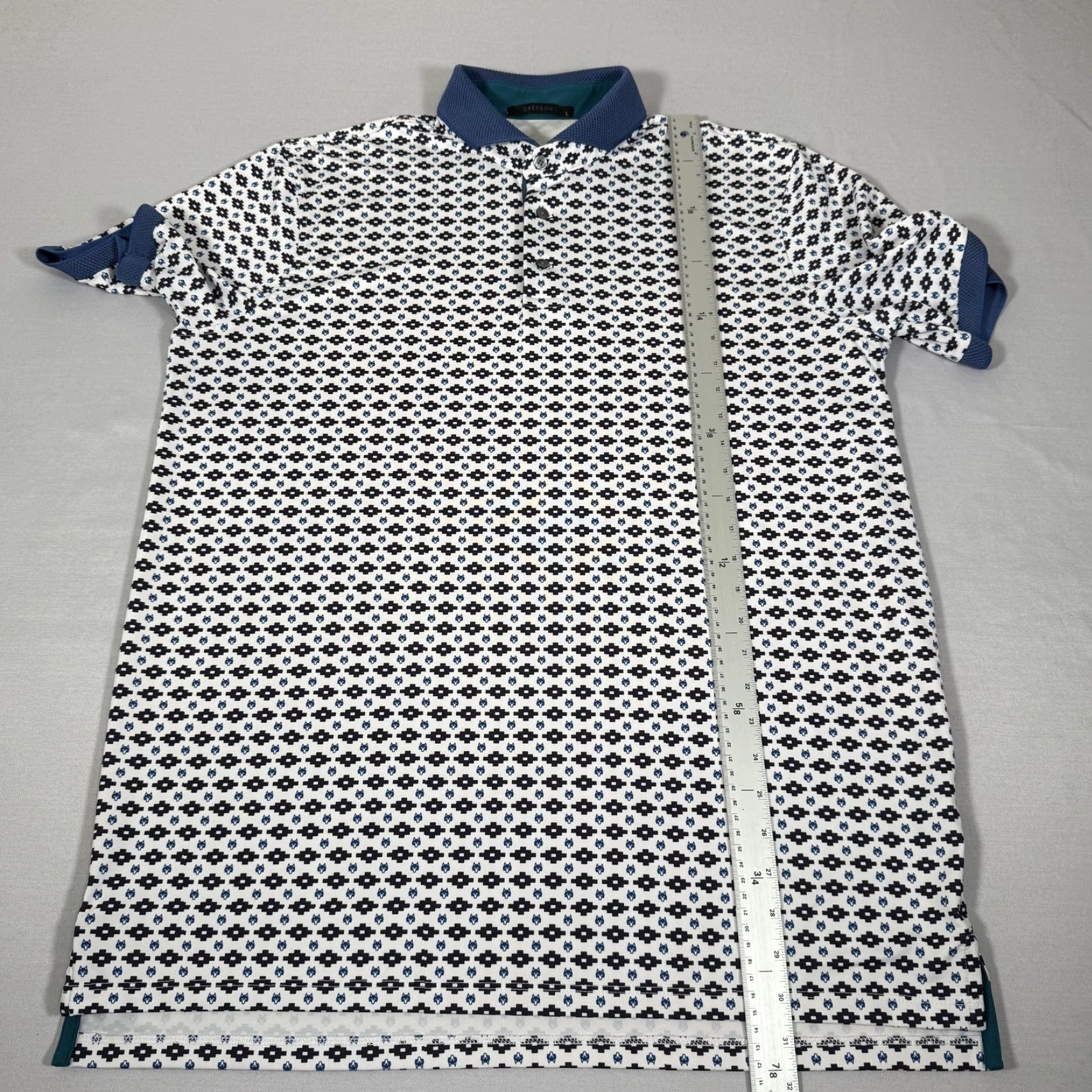 Vintage Greyson Polo Shirt Mens Large White Geometric Aztec Wolf Head Logo Stretch Golf Performance Size US L / EU 52-54 / 3 - 6 Thumbnail