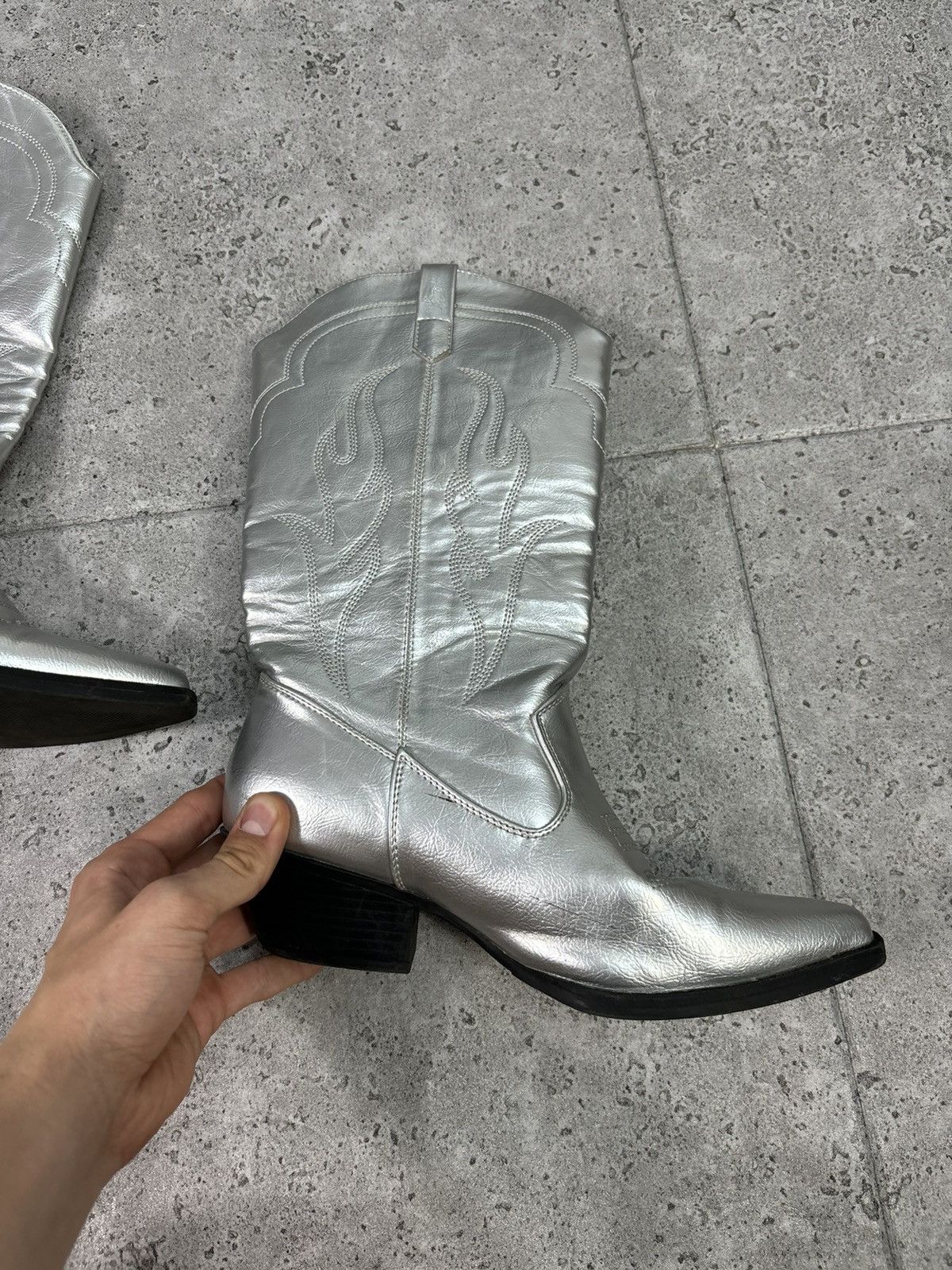 Japanese Brand × Vintage 2000s Vintage Rare Cowboy Boots Grey Leather Western Y2K Size US 8 / IT 38 - 4 Thumbnail