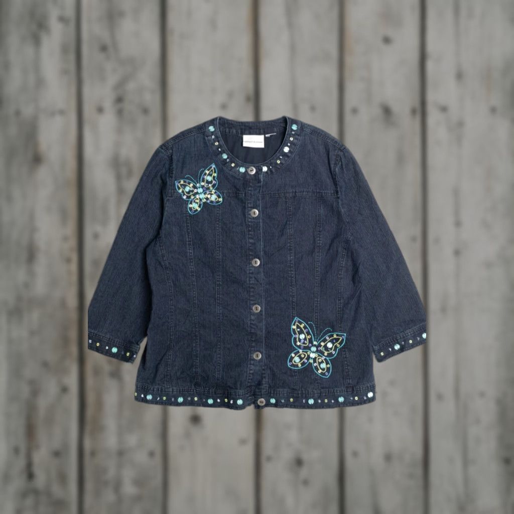 Vintage VINTAGE Alfred Dunner Denim Jacket Dark Blue Cotton Butterfly Embellishments Medium Adults Mens Size US M / EU 48-50 / 2 - 1 Thumbnail