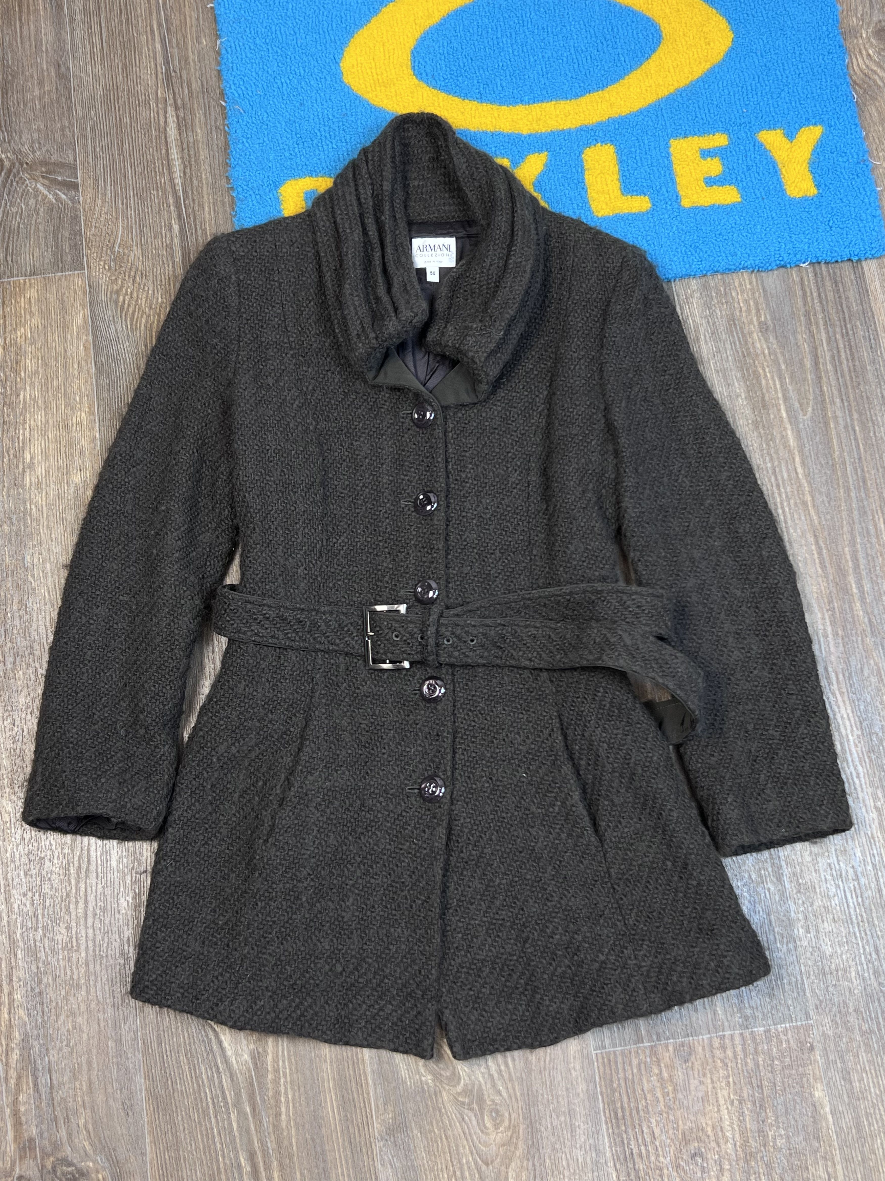 image of Vintage Armani Collezioni Black Wool Belted Trench Coat, Men's (Size Medium)