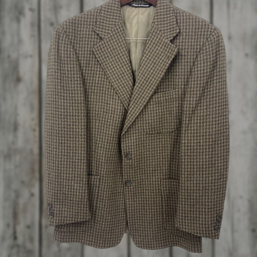 Nordstrom VINTAGE Mickey Spatz Men's Wool Blazer Jacket Single-Breasted 3-Button Houndstooth Beige Casual Business 1980s Mens Size 40R - 1 Thumbnail