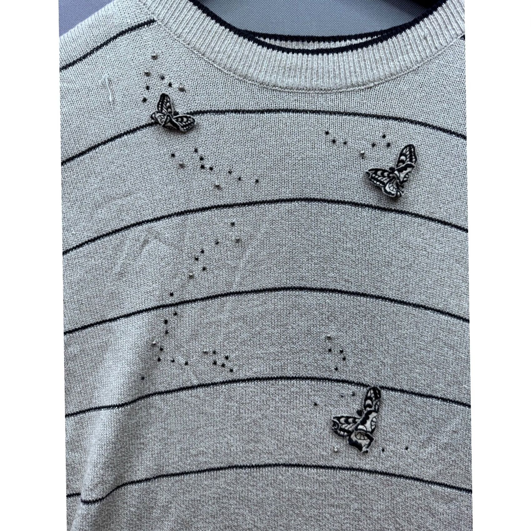 Alife VINTAGE Hauber Sporting Life Women's Gray Striped Butterfly Sweater Top Size L / US 10 / IT 46 - 3 Thumbnail