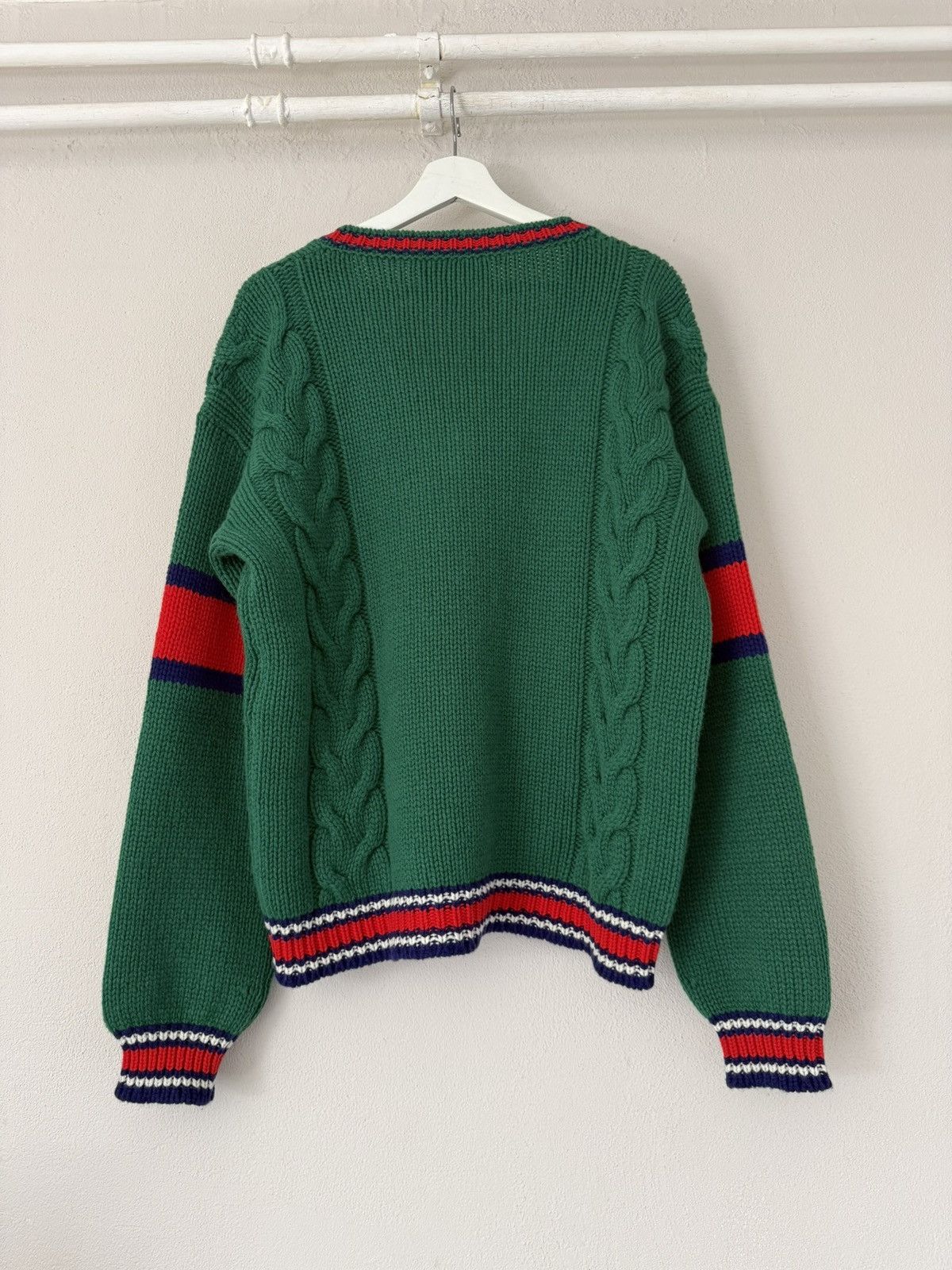 Gucci Green Cable Knit V-Neck Sweater with Stripe Trim Size US S / EU 44-46 / 1 - 6 Thumbnail