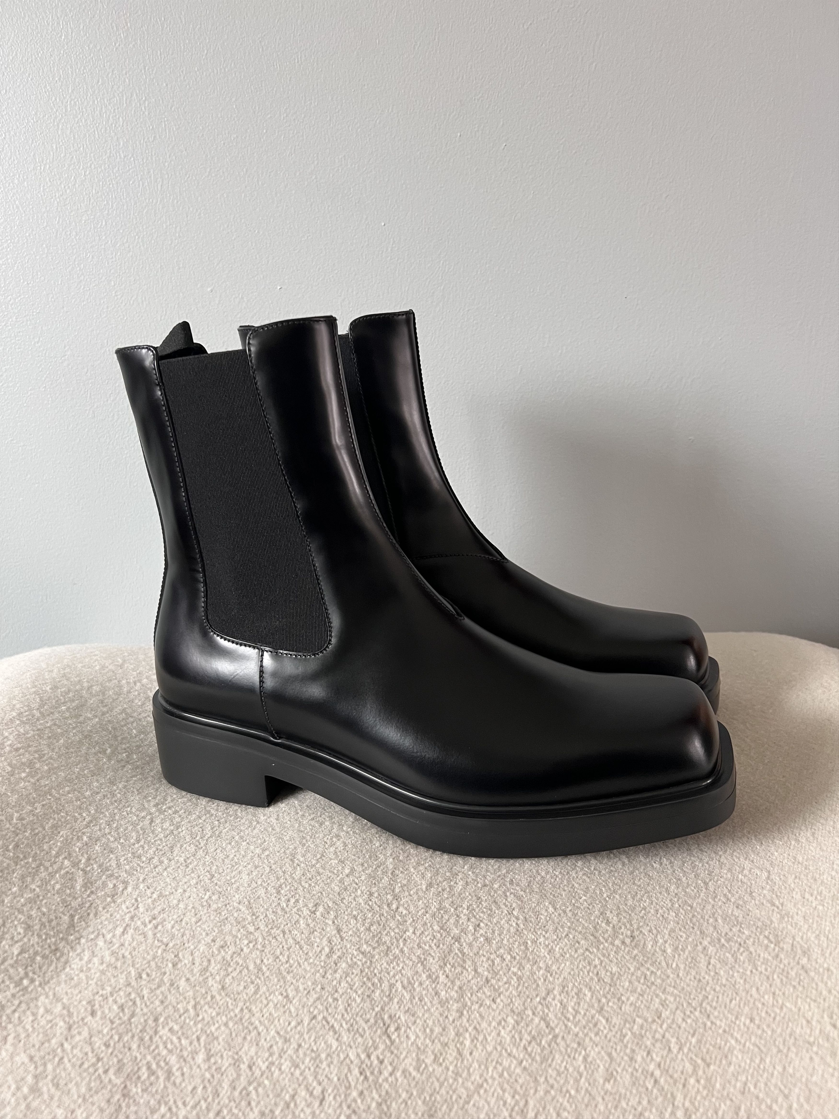 image of Prada Square Toe Brushed Leather Chelsea Boots In Black, Men's (Size 9.5)