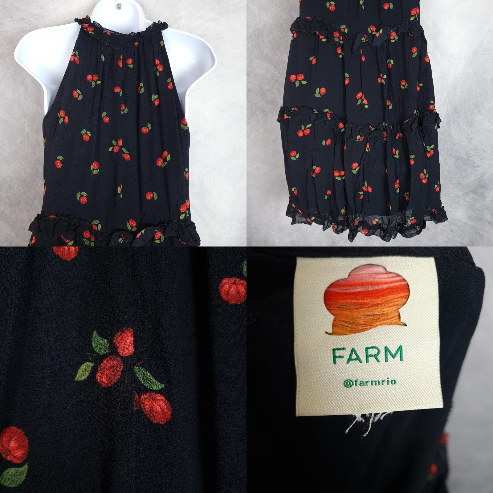 Farm Rio VINTAGE Farm Rio Dress Womens XS / S Black Cherry Print Tiered Ruffle Halter Mini Lined Size S / US 4 / IT 40 - 10 Thumbnail