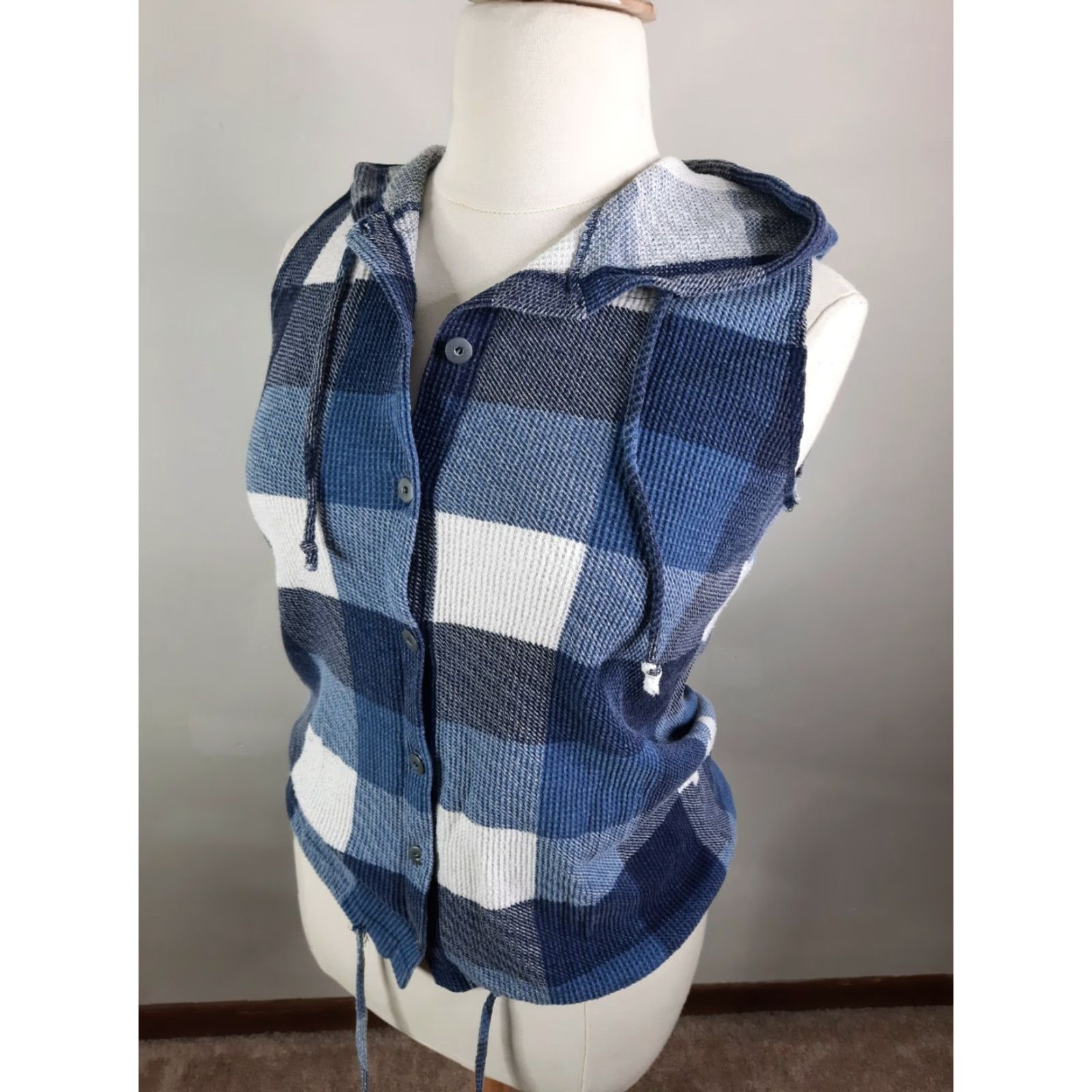 Vintage VINTAGE 90s Thermal Waffle Check Button Up SLEEVELESS HOODED SHIRT L USA S2S Womens Blue Grunge 90s Vest Size L / US 10 / IT 46 - 2 Thumbnail