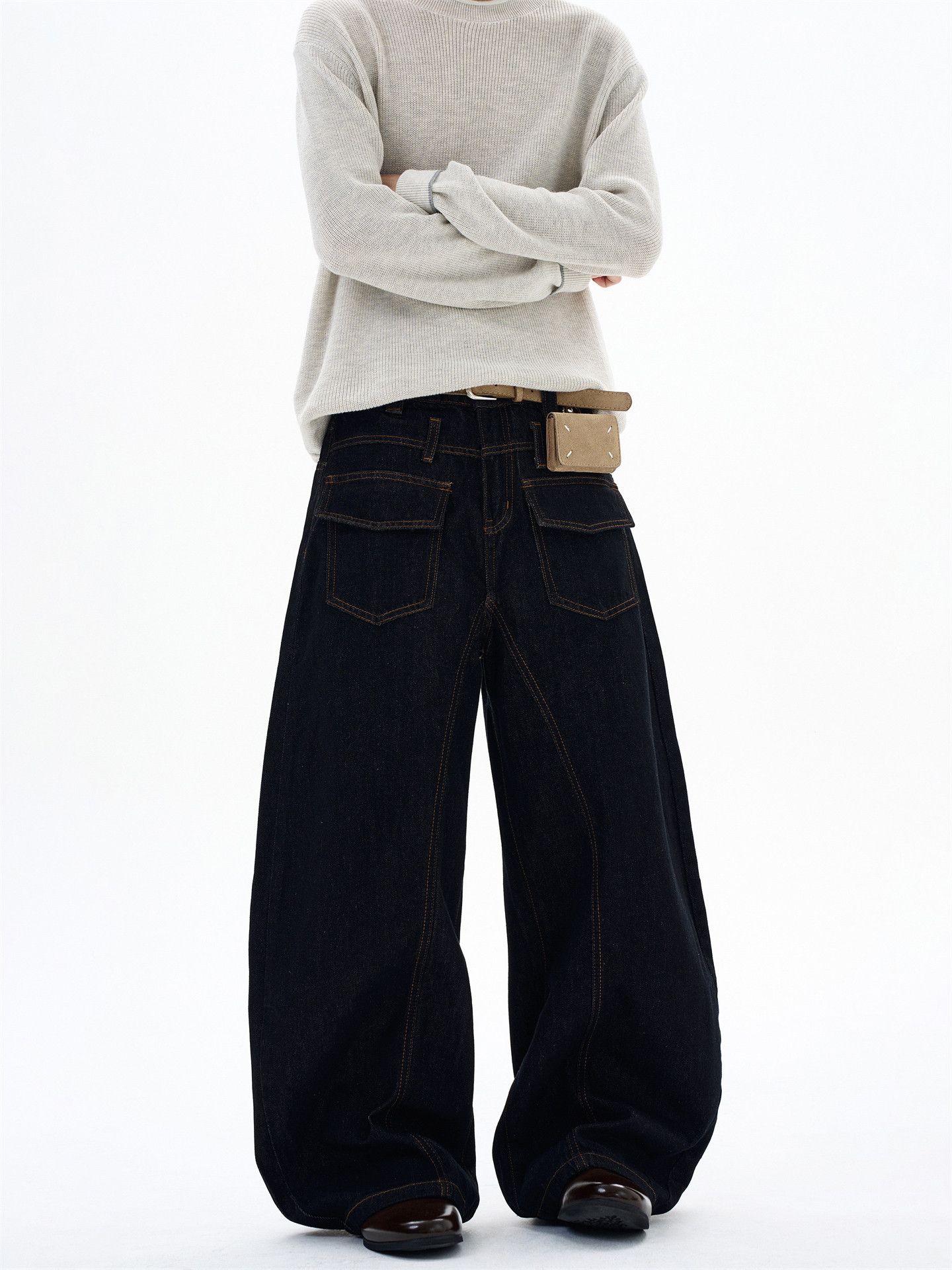 Japanese Brand Men's Black Loose Straight-Leg Washed Curved-Cut Jeans Size US 32 / EU 48 - 4 Thumbnail