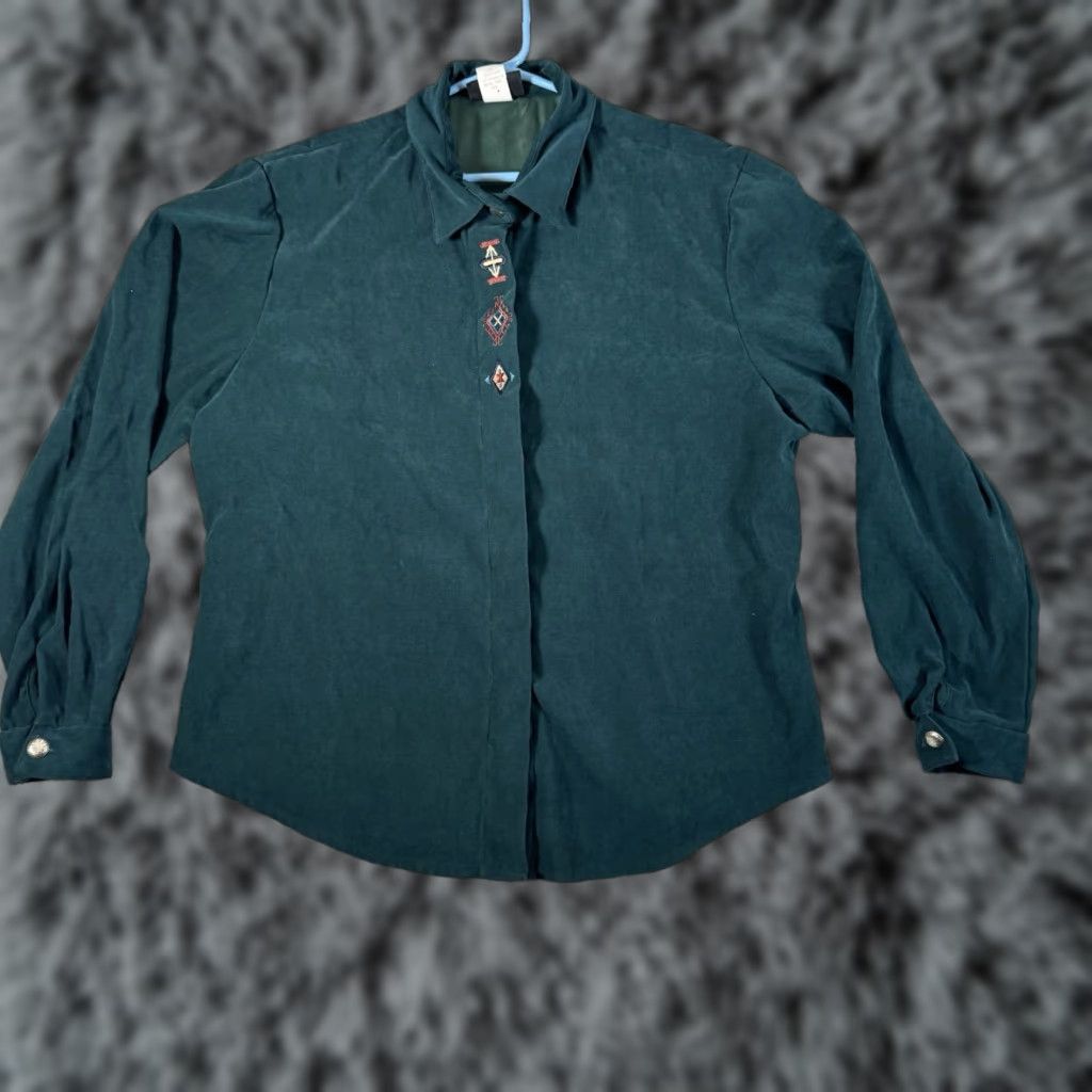 Vintage VINTAGE Roughrider Western Shirt XL Green Embroidered Aztec Cowboy Circle T 80s 90s Mens Long Sleeve Button-Up Size US XL / EU 56 / 4 - 1 Thumbnail