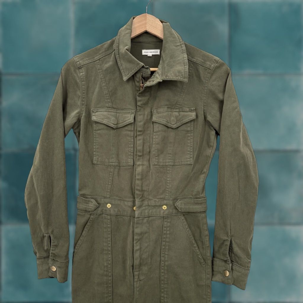 Good American VINTAGE Good American Jumpsuit Womens 7 Green Twill Cotton Blend Long Sleeve Solid 1 Piece Casual Travel Size 28" / US 6 / IT 42 - 1 Thumbnail
