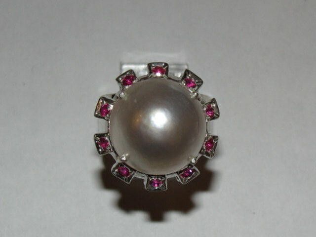 Designer Sterling Silver Pearl and Ruby Cocktail Ring Alberto Juan Size ONE SIZE - 2 Thumbnail