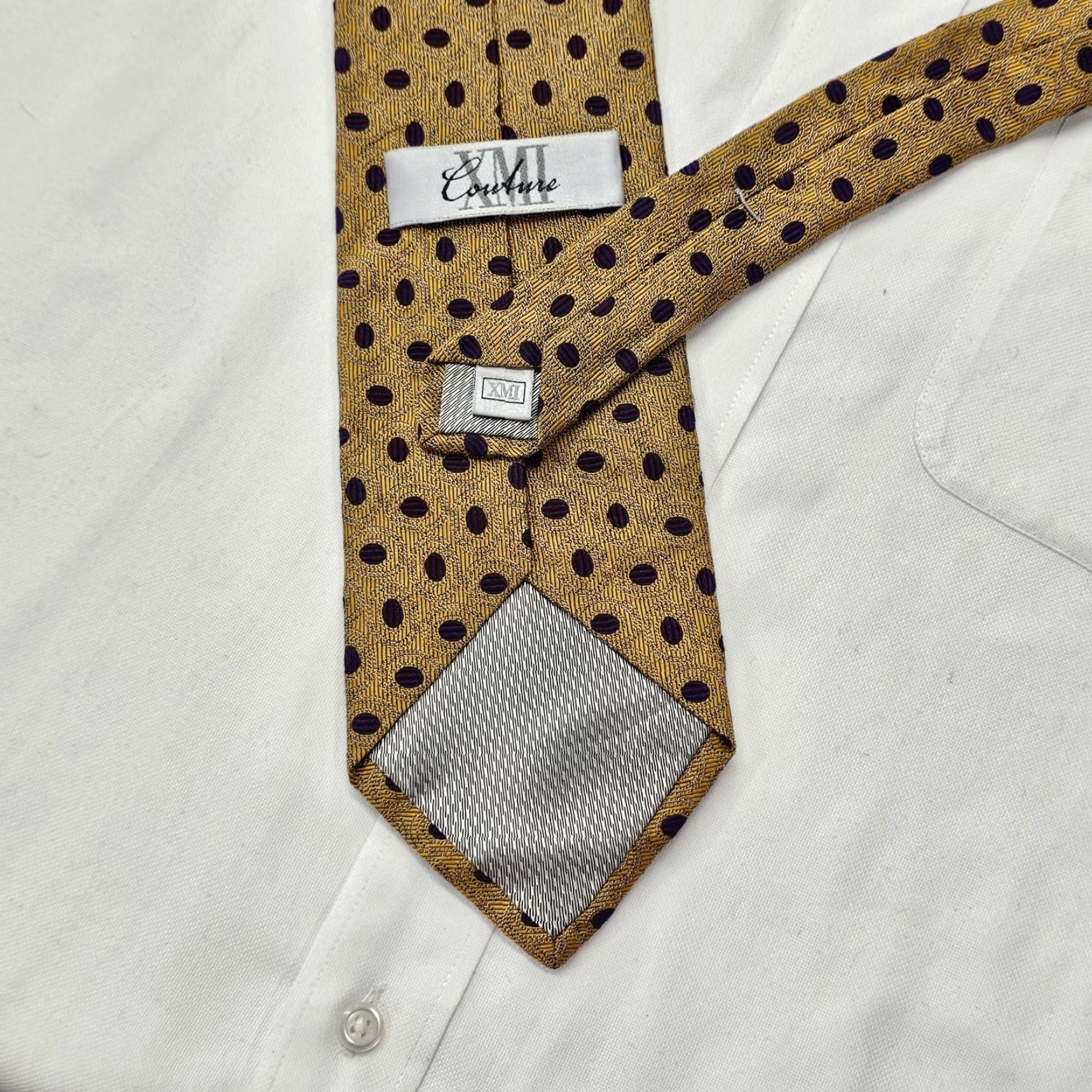 Vintage XMI Couture Long Necktie Men's Gold Purple Polka Dots Textured USA Silk Size ONE SIZE - 5 Thumbnail