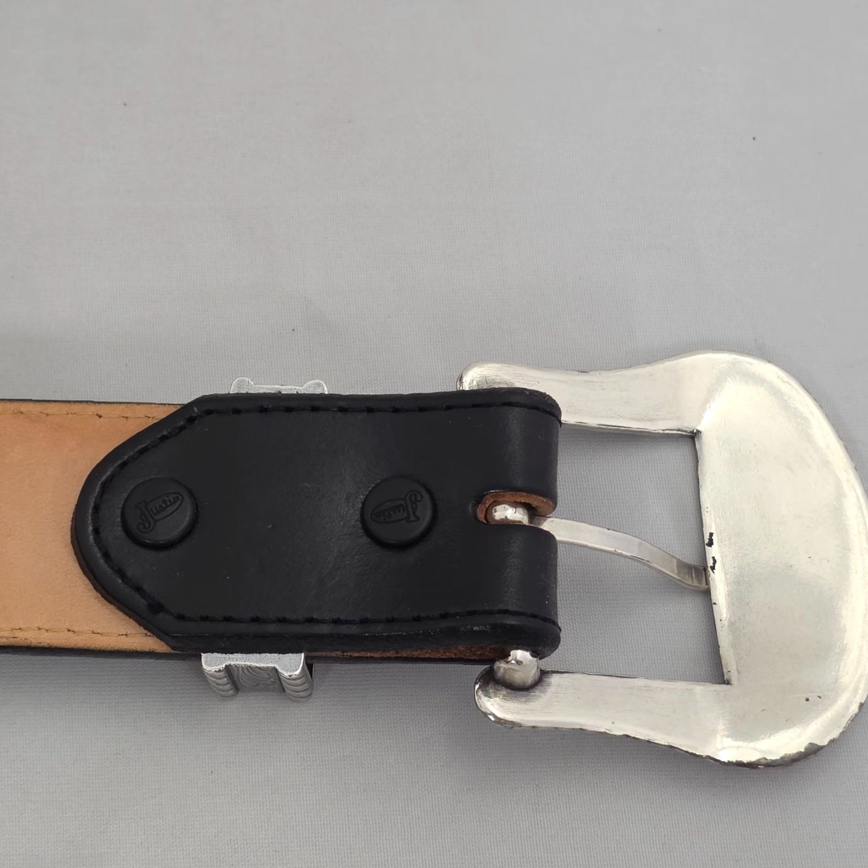 Vintage Justin Men's Bronco Western Belt Basketweave Leather Black 44 1-1/2" Buckle Classic Cowboy Style Size 44 - 3 Thumbnail
