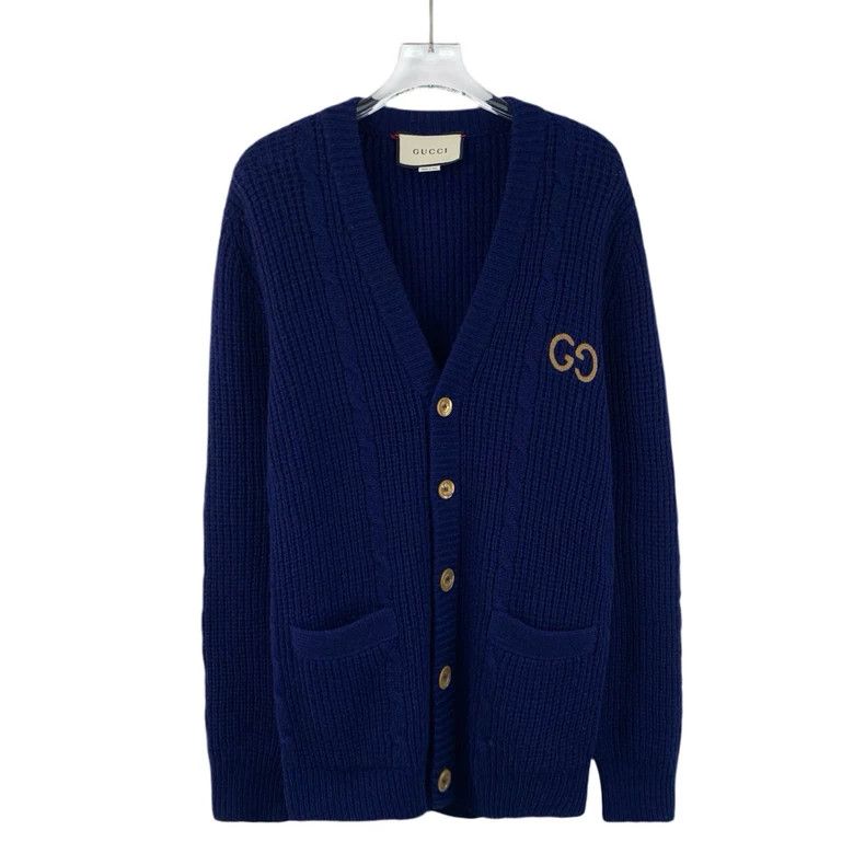 Gucci Gucci Dark blue double G embroidered wool V-neck single-br Size S / US 4 / IT 40 - 1 Thumbnail