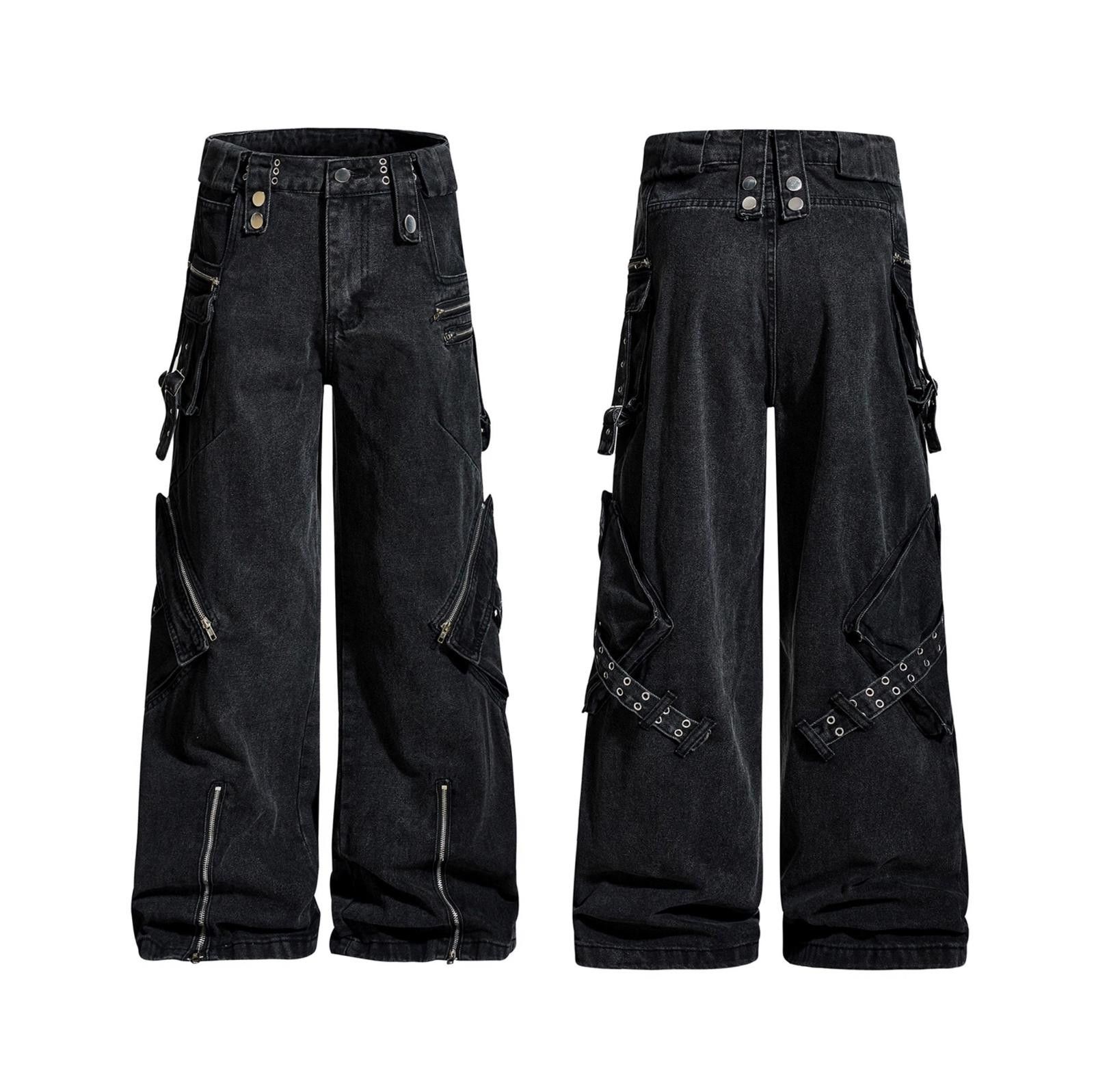 Japanese Brand Black Wide Leg Cargo Pants with Zipper and Strap Details Size US 32 / EU 48 - 3 Thumbnail