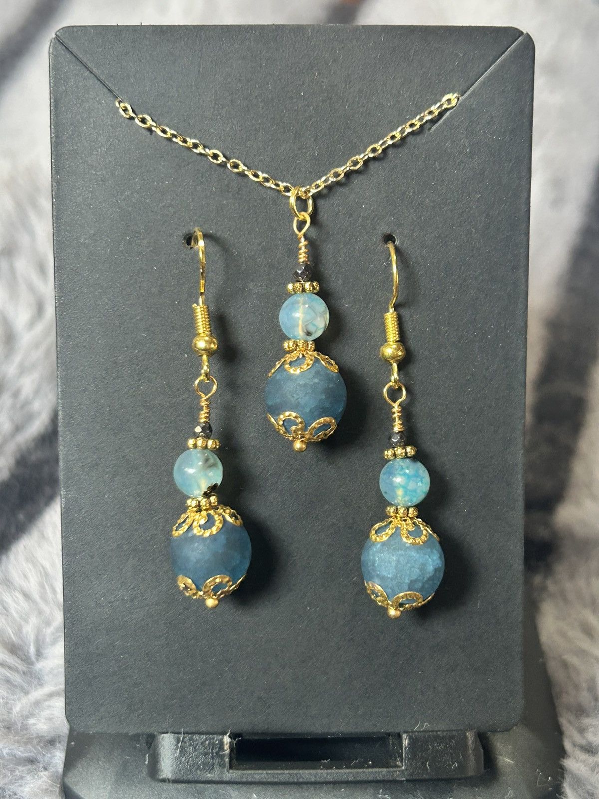 Handmade Handcrafted blue crackle glass dragon vein agate set Size ONE SIZE - 2 Thumbnail