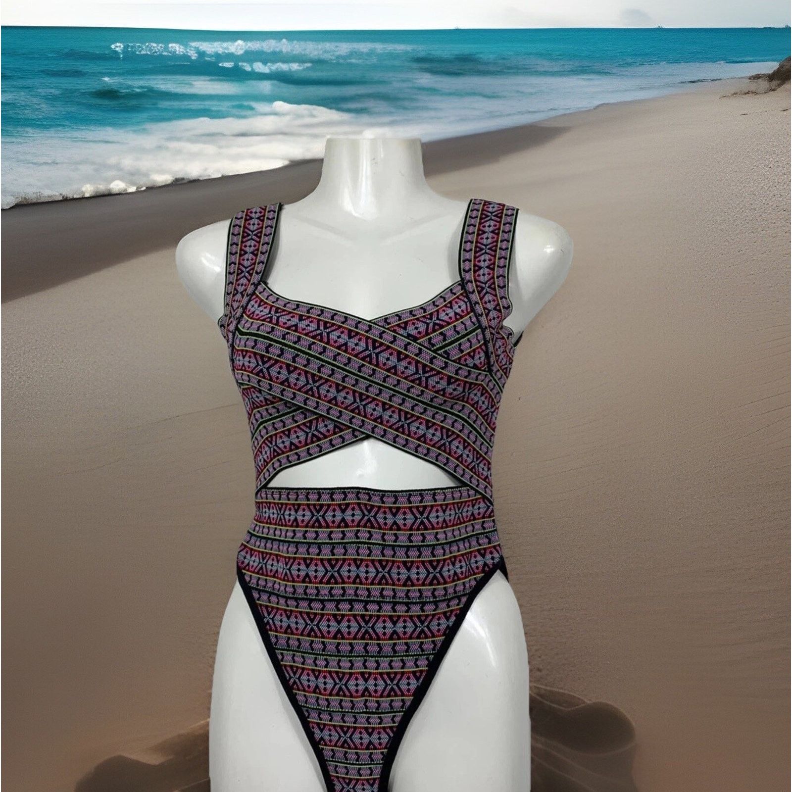 Asos ASOS Multicolor Tribal Criss Cross Cutout One Piece Swimsuit Size S / US 4 / IT 40 - 1 Thumbnail