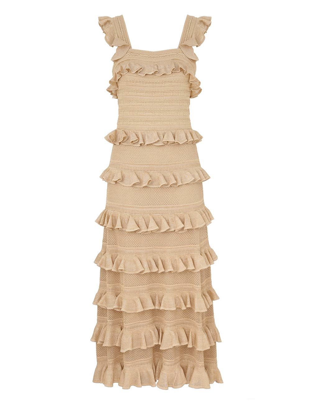 Zimmermann oc11z0825 Illuminate Lace Frill Midi Dress in Beige Size L / US 10 / IT 46 - 1 Thumbnail