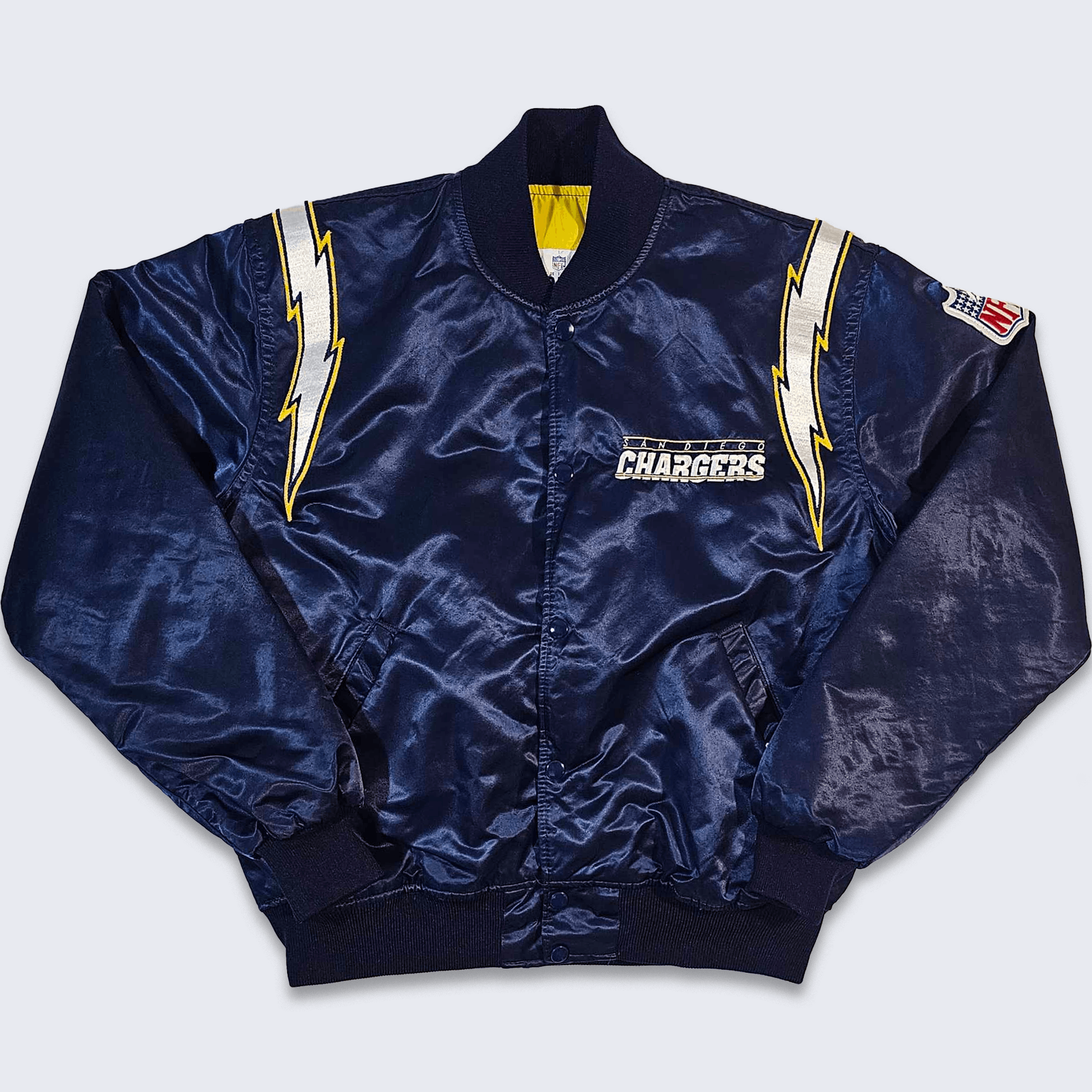 Image of Nfl x Starter San Diego Chargers Vintage 80's Starter Satin Bomber Jacket in Navy Blue (Size Large)