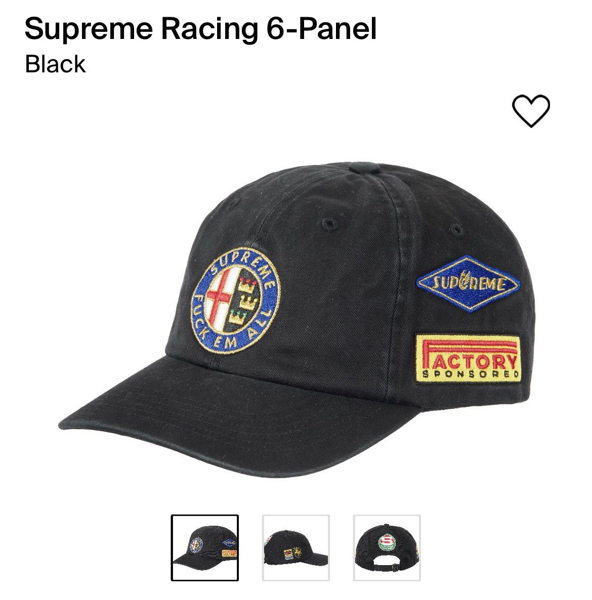 image of Supreme Racing 6 Panel Hat in Black, Men's